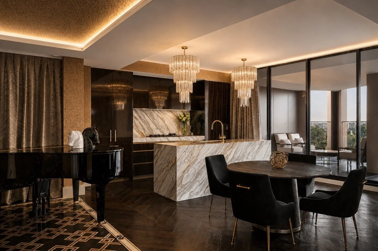Burwood Penthouse dining area featuring a dark timber table, black upholstered dining chairs, marble island, grand piano, statement chandeliers and expansive city views.