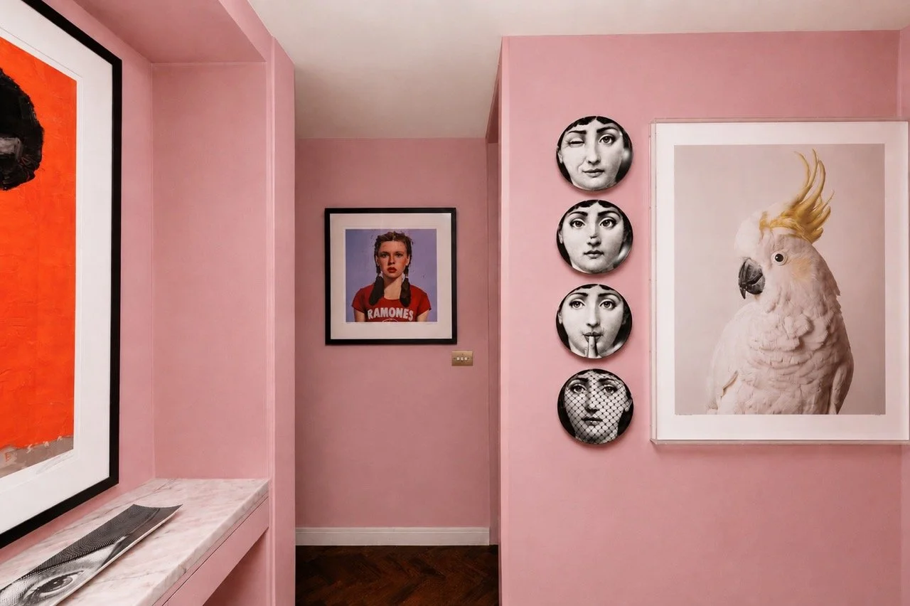 Pink gallery-style hallway with custom joinery, framed contemporary artwork, decorative Fornasetti-style wall plates and a large cockatoo print, creating a playful yet sophisticated residential interior.