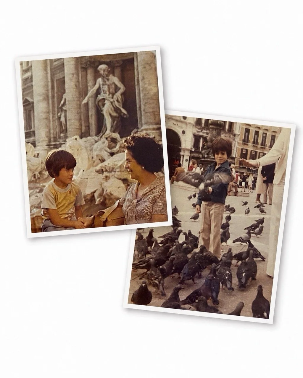Vintage photo collage of Luis La Pegna as a child in Italy, featuring a Trevi Fountain photograph placed over a second image of him feeding pigeons.