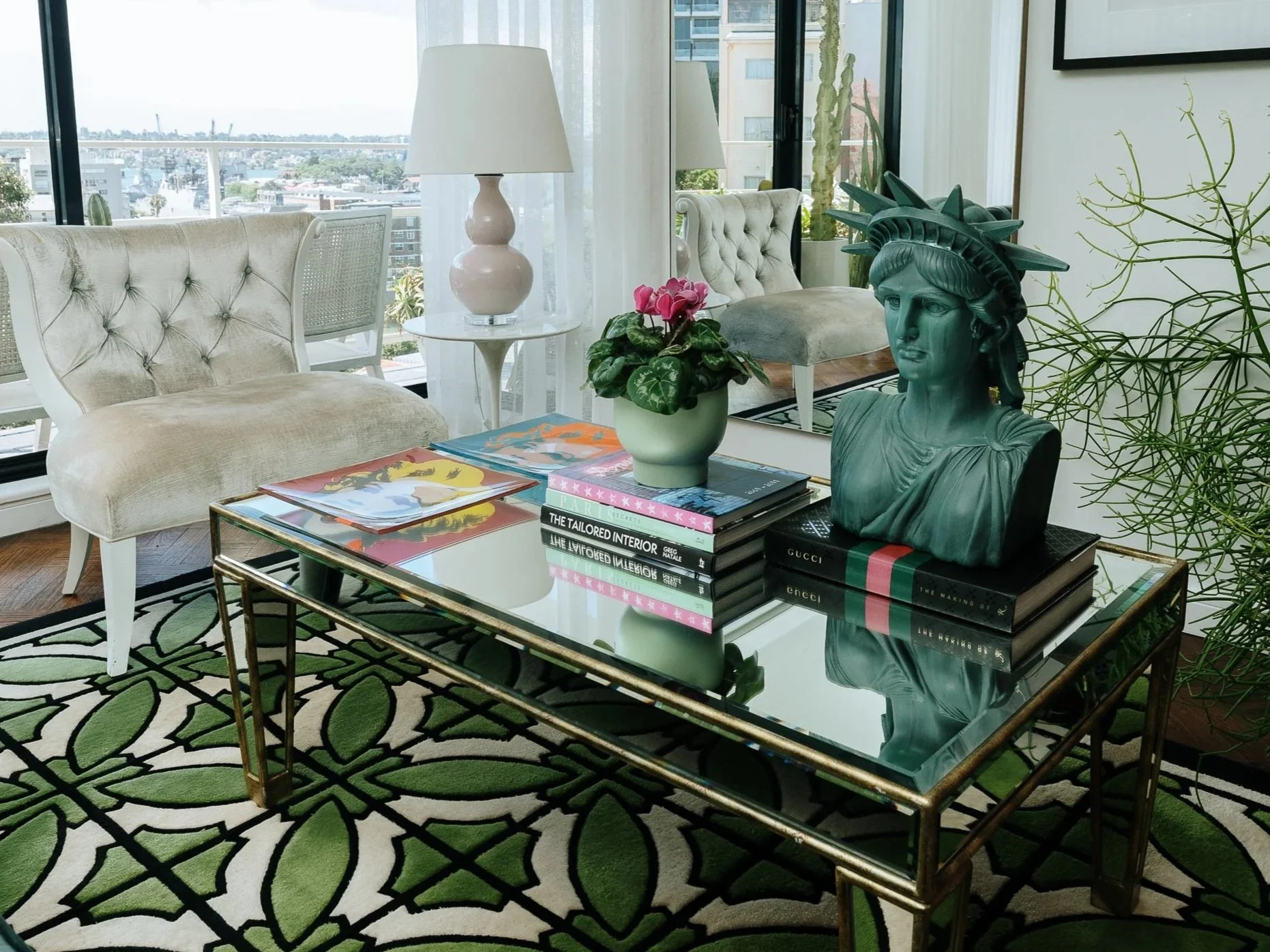 Luxury living room designed by Luis La Pegna at Onslow Residence, showcasing layered textures, statement furnishings, botanical accents and panoramic Sydney views.