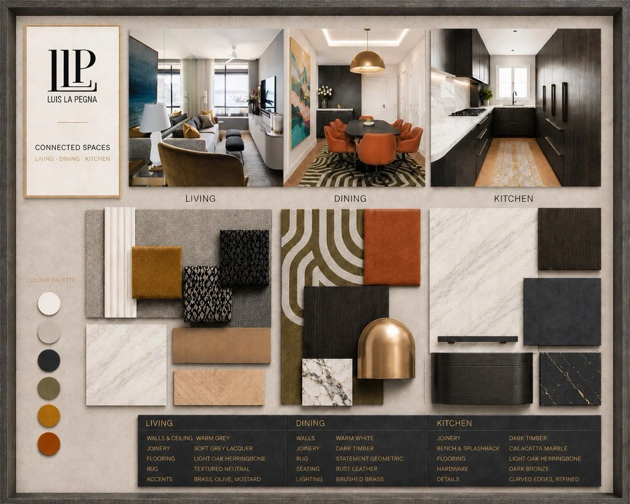 Stafford Residence interior design moodboard showing living, dining and kitchen concepts, material samples, dark finishes and warm contemporary accents.