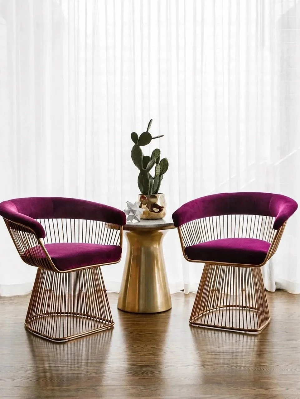 Mathieson Residence interior detail featuring magenta velvet chairs, brass wire frames, a gold side table, cactus arrangement and sheer white curtains.