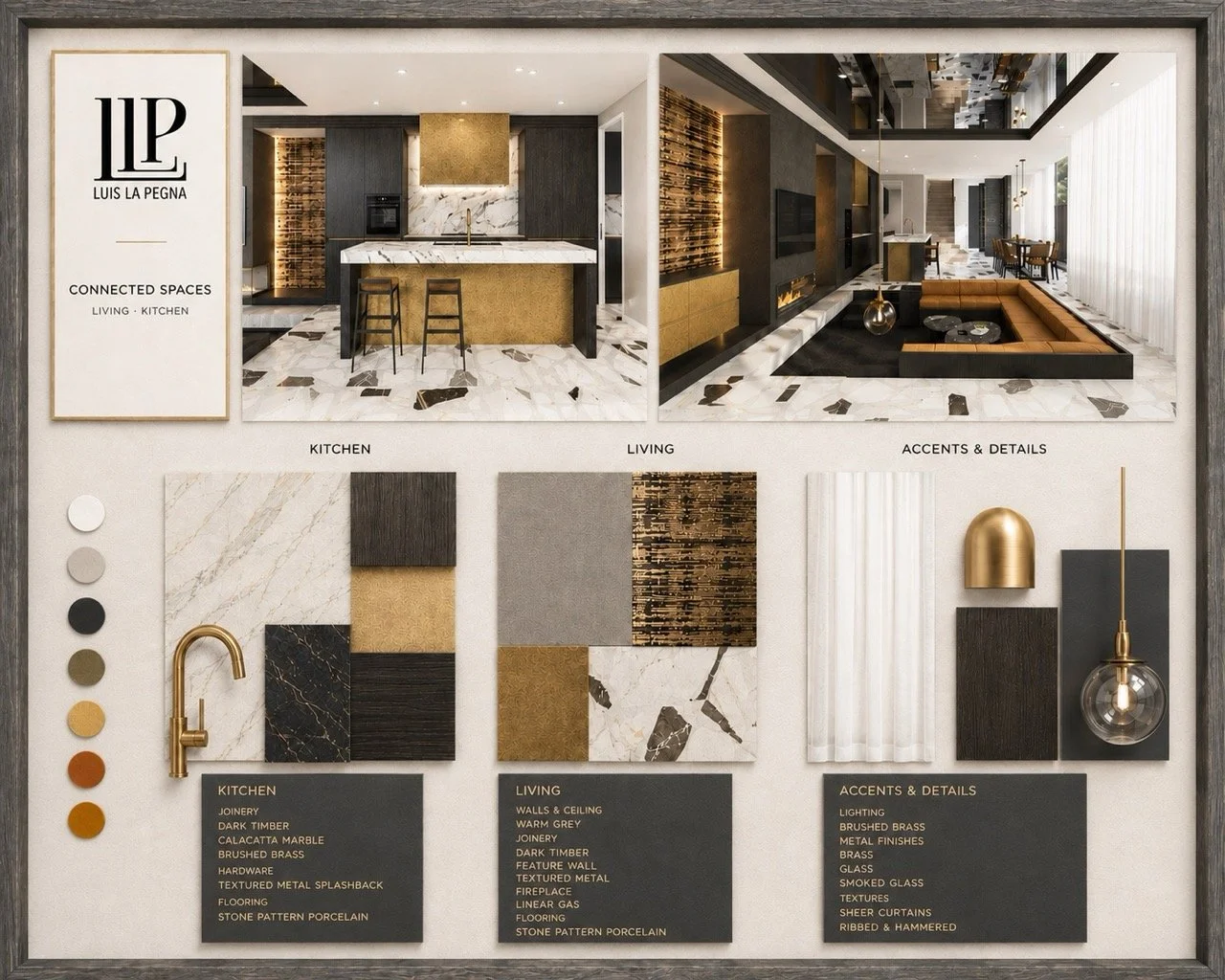 Wolli Residence interior design moodboard showing kitchen and living room concepts, material samples, warm metallic accents and neutral finishes.