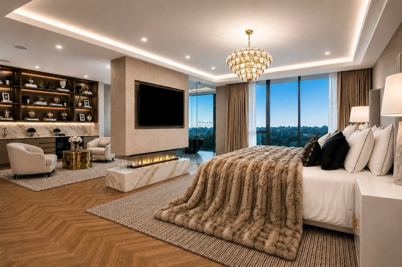 The Greens Penthouse master suite featuring a luxury bedroom with open gas fireplace, custom bar area, statement chandelier, herringbone timber flooring and expansive city views.