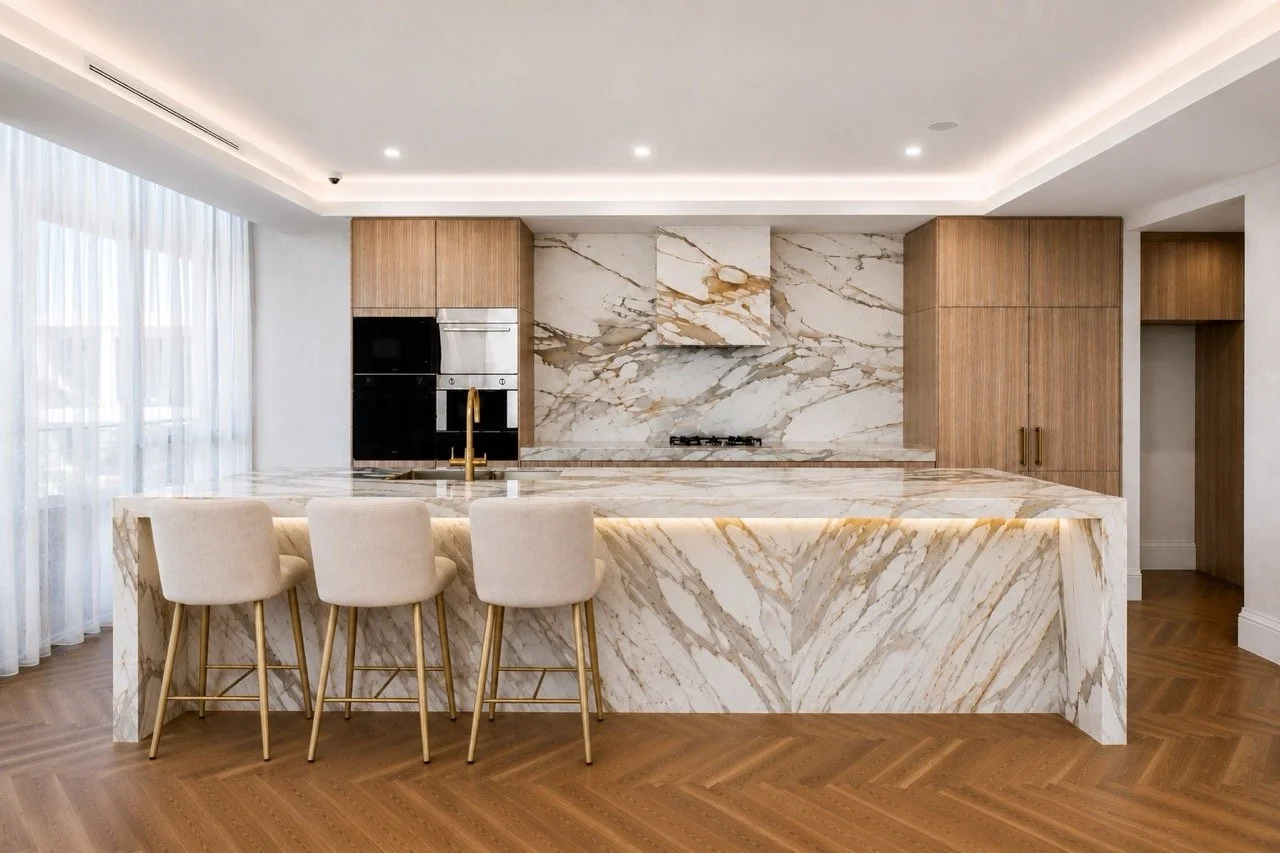 The Greens Penthouse kitchen featuring a dramatic Calacatta marble island, matching marble splashback, brass tapware, upholstered bar stools, timber joinery and herringbone timber flooring.