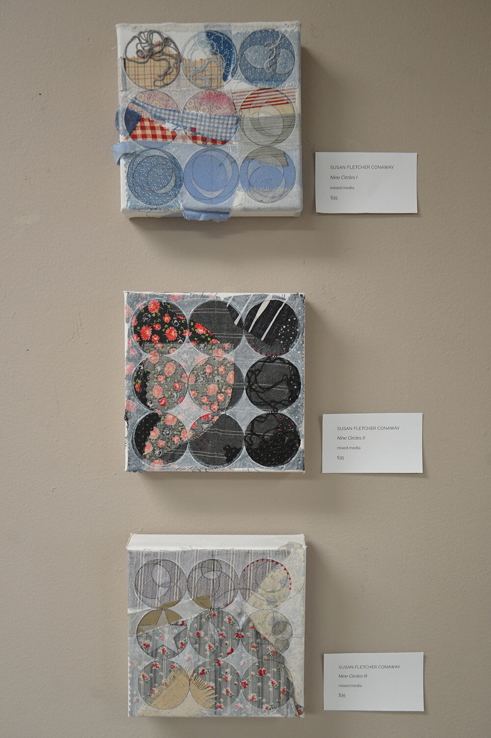   Circles I, II, and III,  mixed media by Susan Fletcher Conaway 