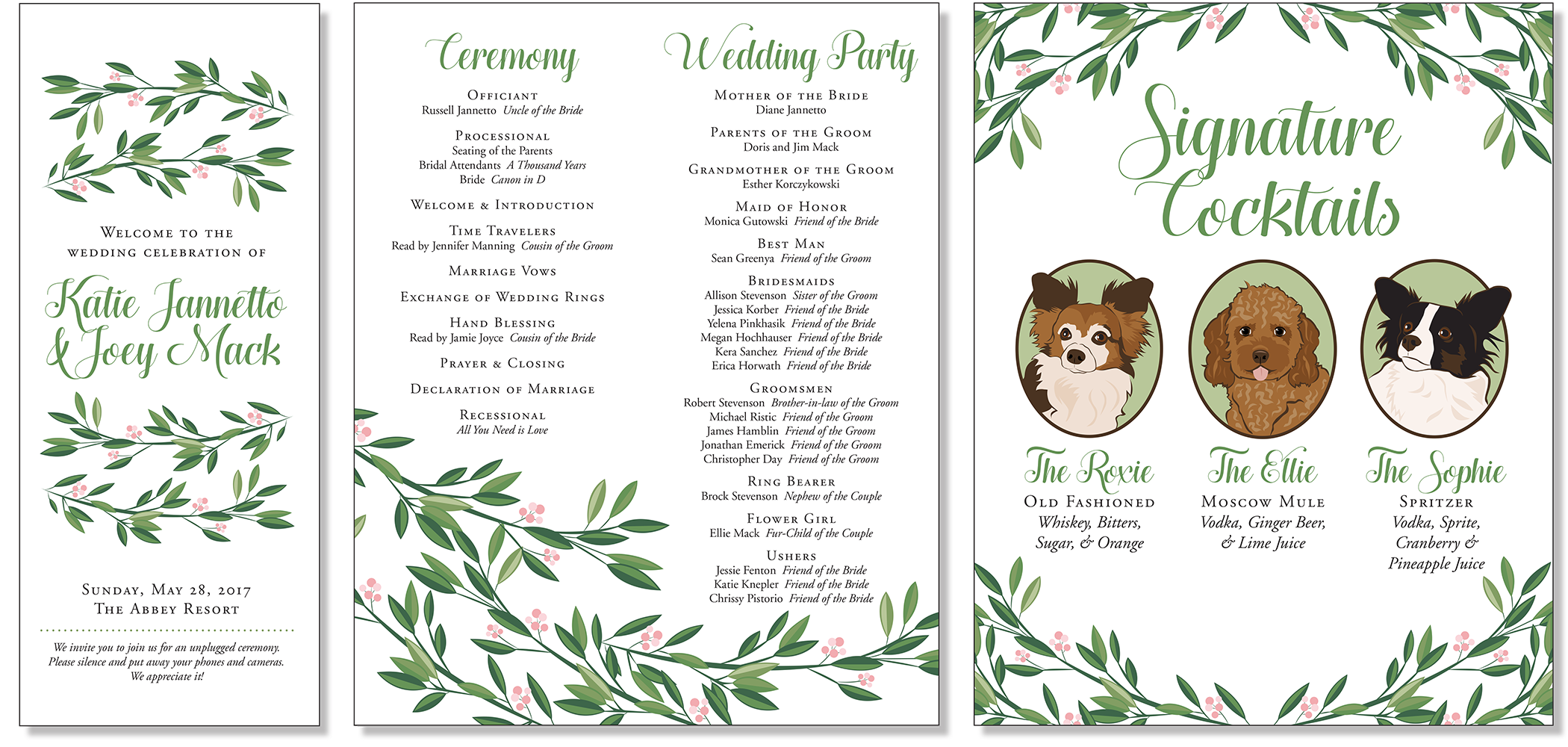 Katie & Joey wanted something simple & elegant with a foliage theme. I adore this foliage pattern and how they wanted to incorporate their dogs on the Signature Cocktails poster! Foliage and dog illustrations created in Adobe Illustrator, text set in Adobe InDesign. Left: Ceremony Program (Cover) Middle: Ceremony Program (Inside) Right: Signature Cocktails Poster