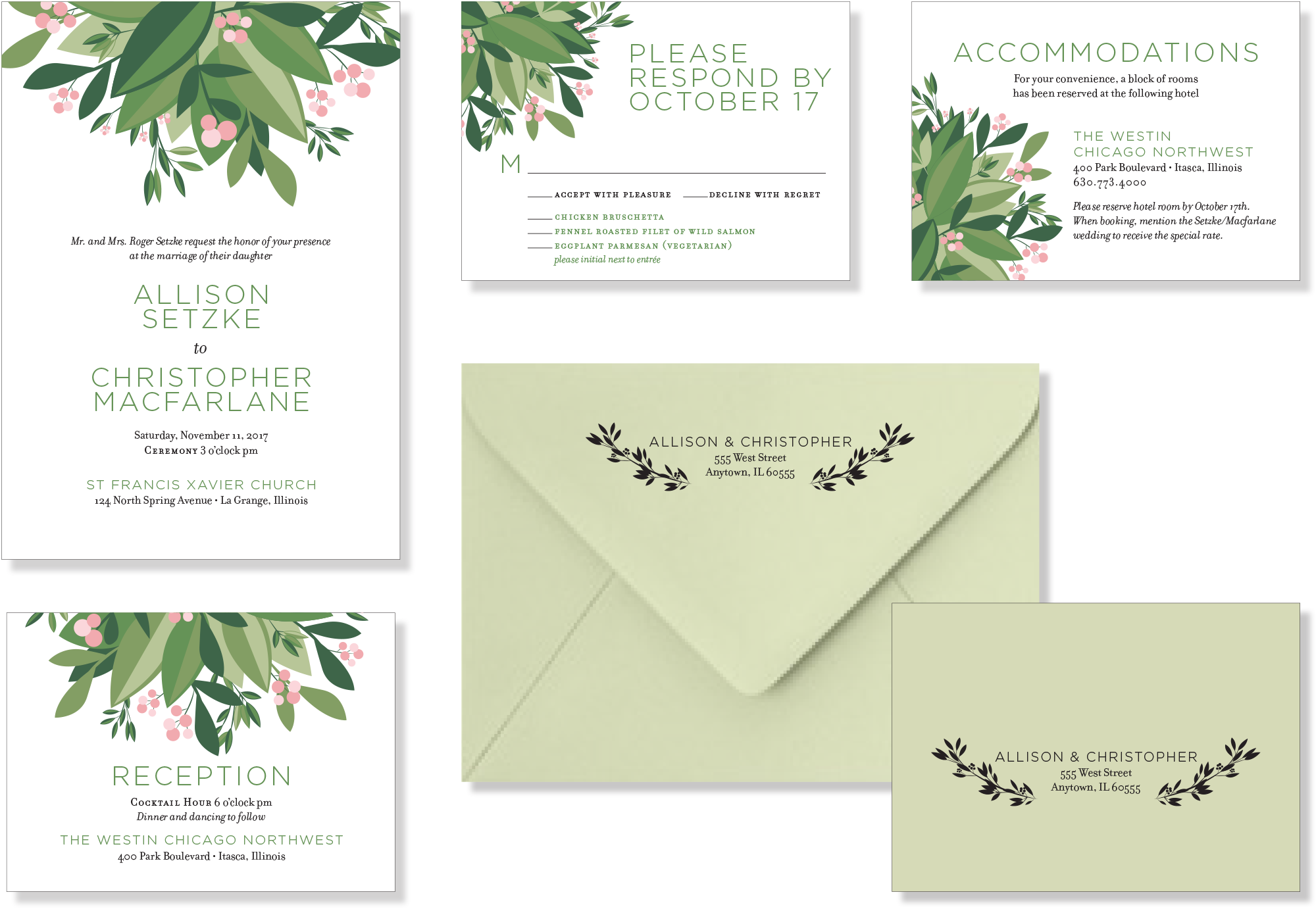 Allison and Christopher wanted something modern, simple, and classic for their wedding. Foliage created in Adobe Illustrator, text set in Adobe InDesign.