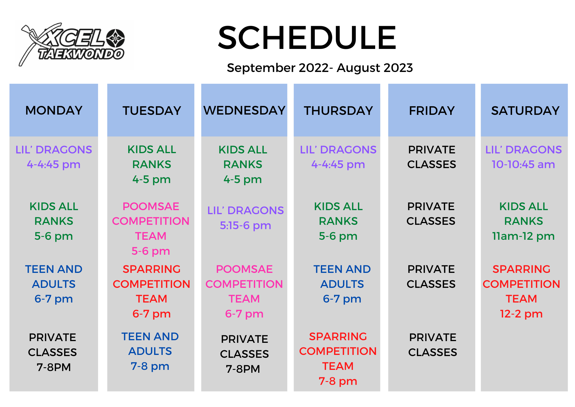 Schedule Xcel Taekwondo Fitness Schedule Xcel Taekwondo Fitness