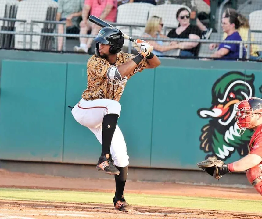 Leody Taveras prepares to swing during Monday's game for the Down East Wood Ducks. Photo by William 'Bud' Hardy / Neuse News