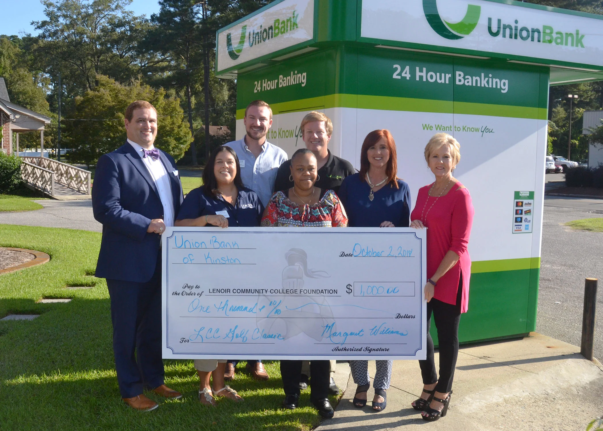 Pictured left to right, front row, are Michael Martin, Union Bank Manager – La Grange, Katherine Pearson LCC Development Coordinator, Odessa Edwards, Union Bank Advisor, Pam Wheeler, Union Bank Manager – Kinston, Margaret Williams, Union Bank Vice President and Market Executive; second row, Dusk Stroud LCC Workforce Development Coordinator and Jeremy Jones, Union Bank Portfolio Manager.