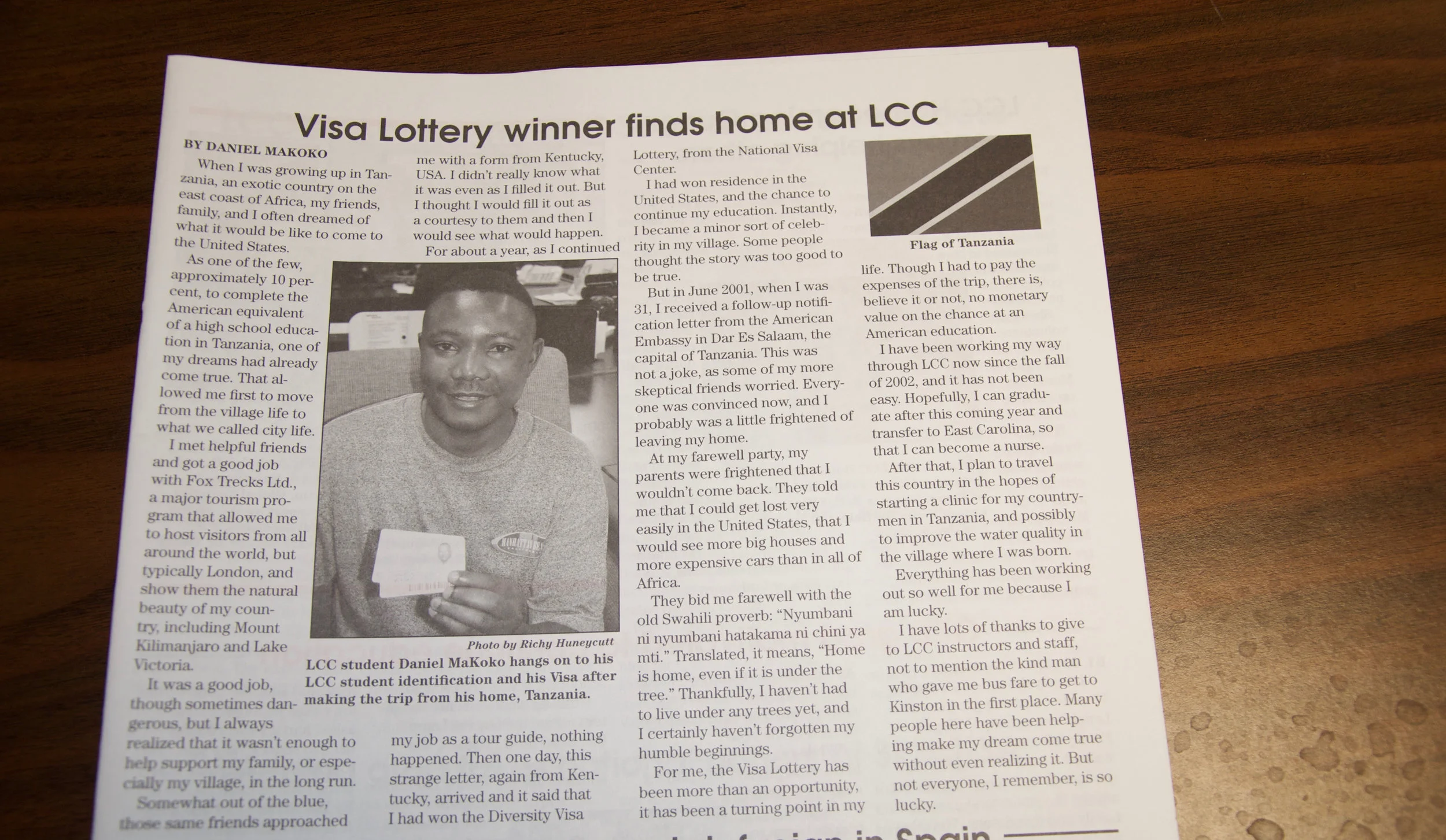 Daniel Makoko wrote an article The Javelin, Lenoir Community College’s student newspaper in 2005 outlining his vision and plans for his village in Tanzania.