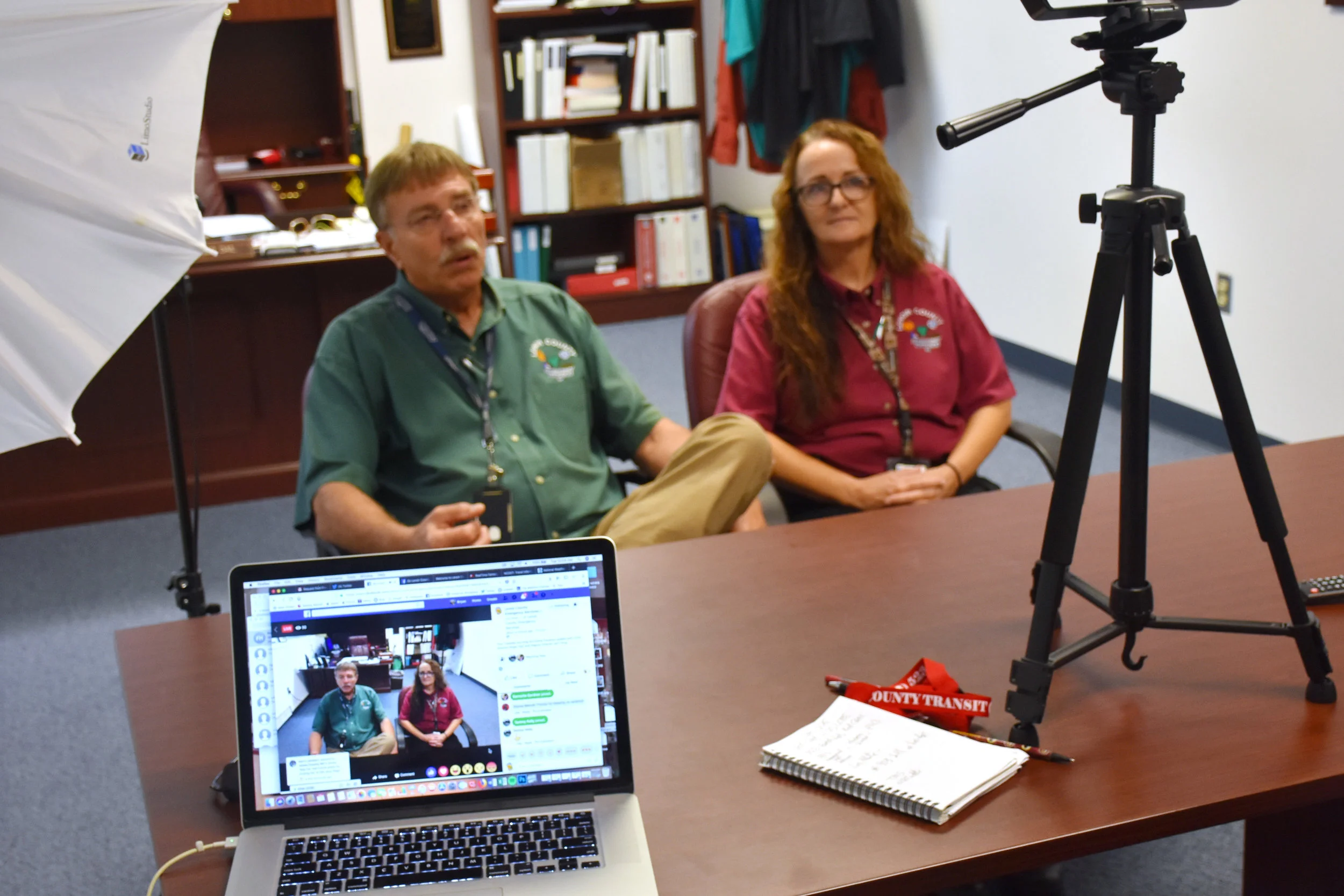 Roger Dail, left, and Jerri King conduct a Facebook Live on the LCES Facebook page on Sept. 25. King will become the interim LCES Director on Jan. 1. Photo by Bryan Hanks / Neuse News