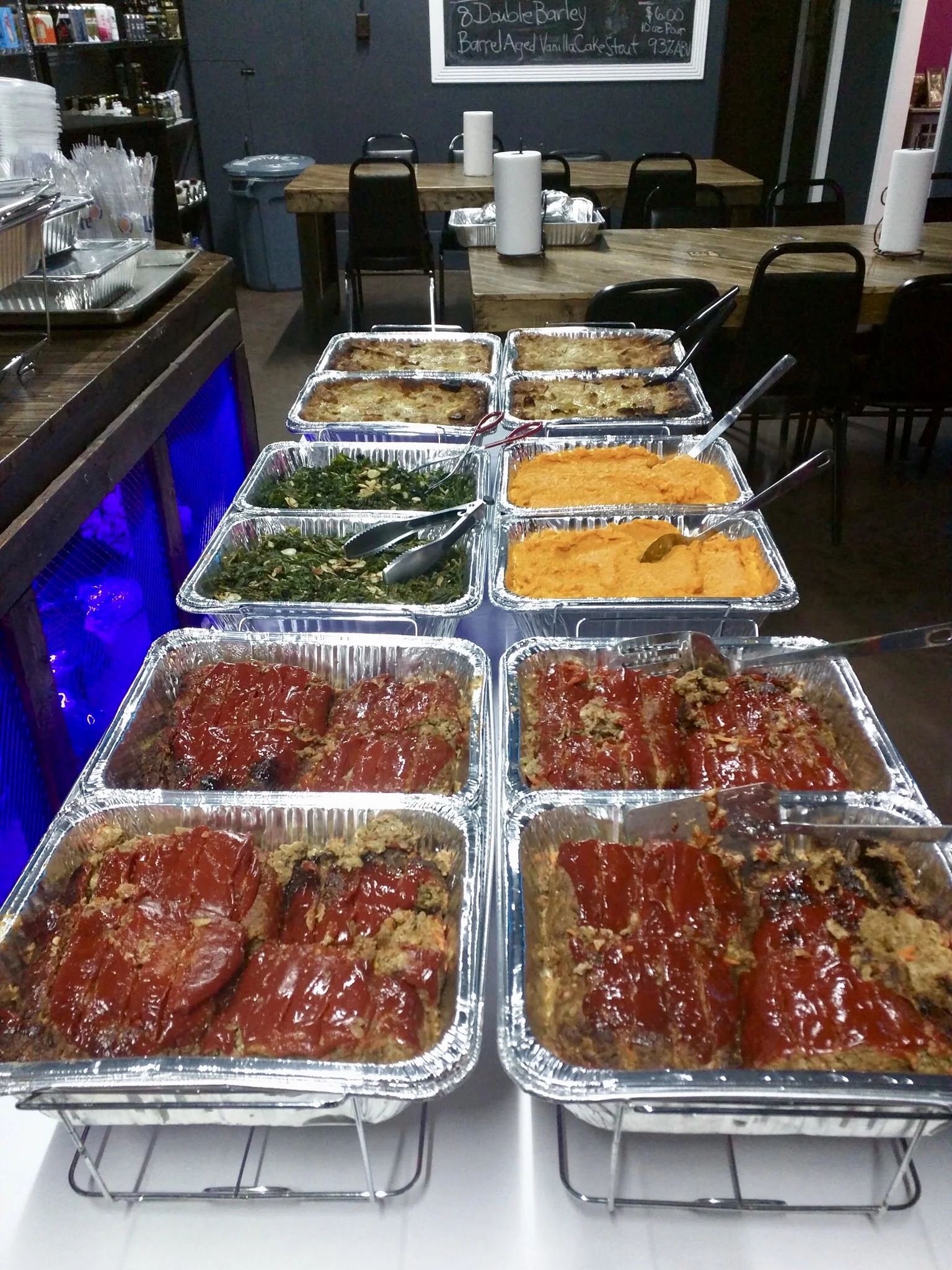 Meatloaf, greens, mashed sweet potatoes, and apple bread pudding ready to be served. Submitted Photo