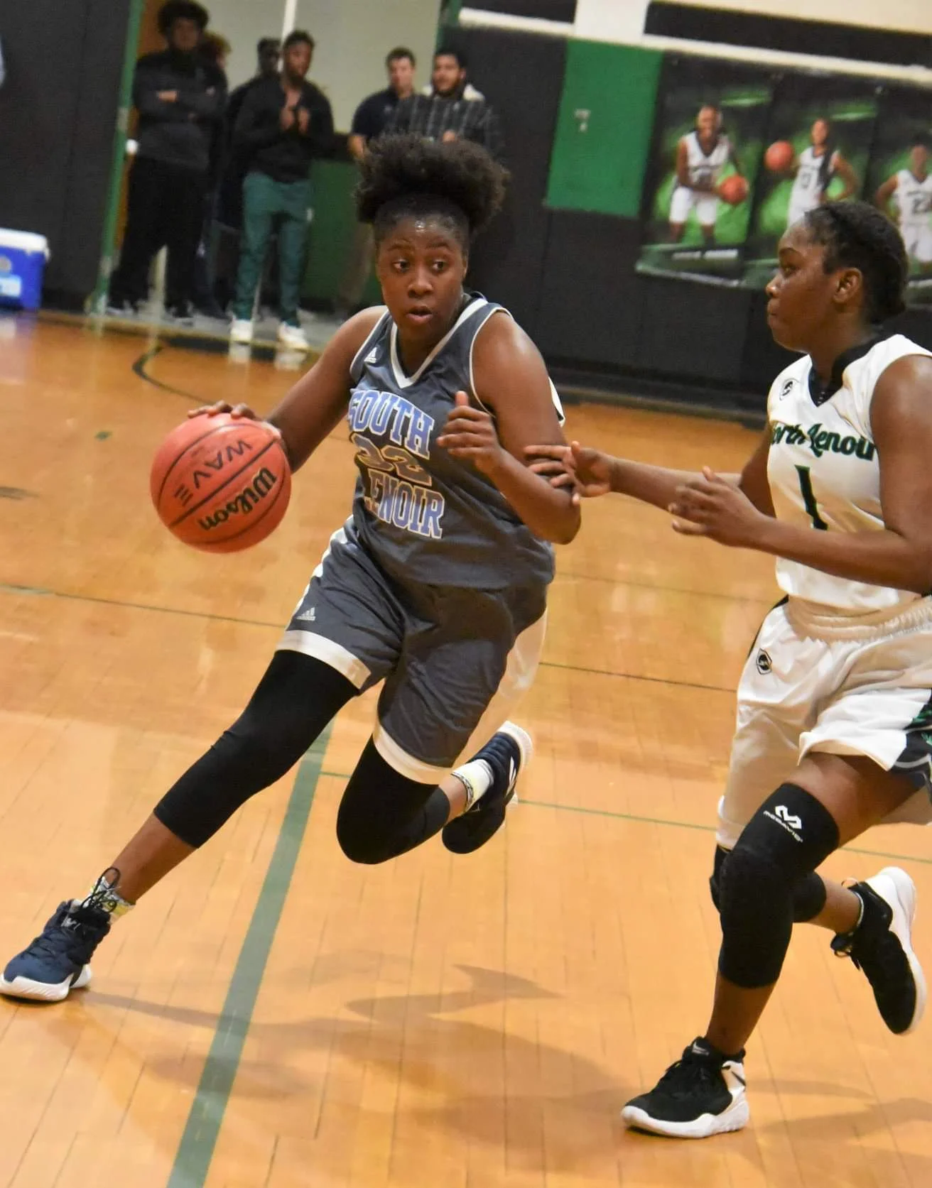 South Lenoir’s Gralicia Jenkins drives on North Lenoir’s Emmenia Lynch during a Feb. 13 contest. The Blue Devils picked up the No. 29 seed in the playoffs. Photo by William ‘Bud’ Hardy / Neuse News