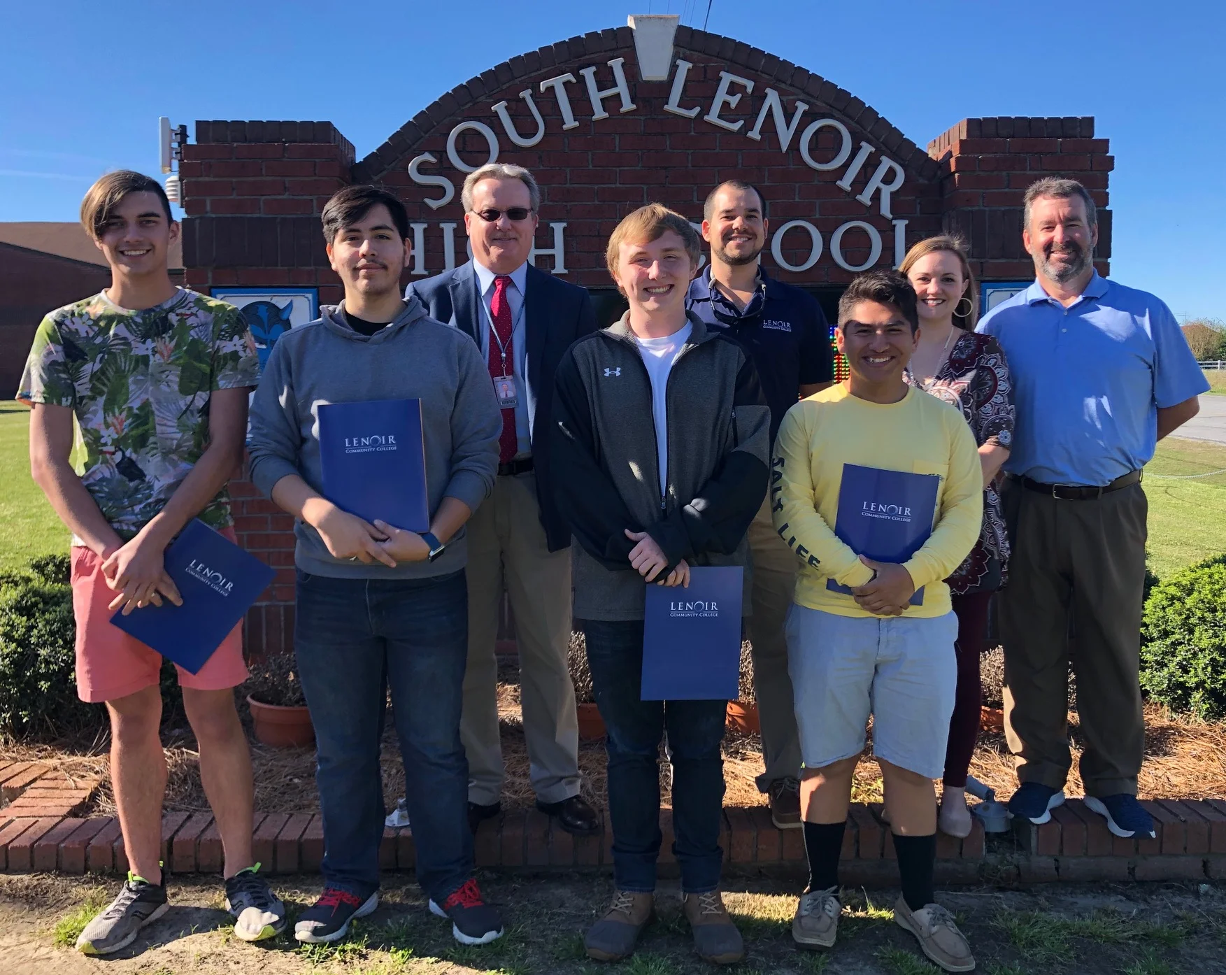 Front row, from left are South Lenoir awardees Ethan Mullins, Industrial Systems Technology; Noel Villalon, Computer Engineering; Cole Matthews, Industrial Systems Technology; and Gilberto Bonilla-Perez, Industrial Systems Technology. Back row, LCC Computer Engineering Program Chair David Jones, Industrial Systems Program Chair Stephen Edwards; South Lenoir Counselor Candy Tyndall; and South Lenoir Principal Steve Saint-Amand. Submitted photo