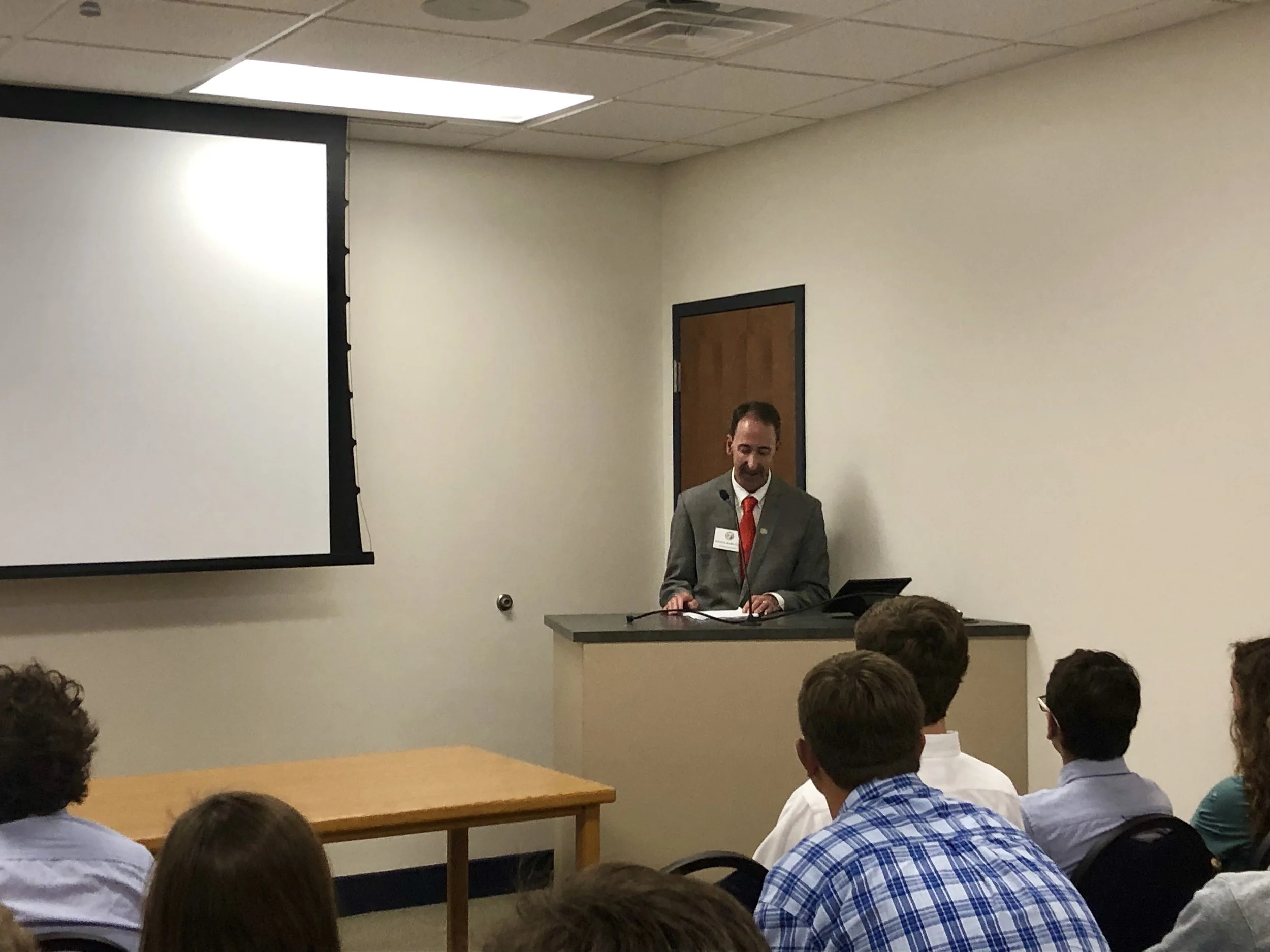 Associate Justice Mark Davis of the N.C. Supreme Court speaks to students at Arendell Parrott Academy Tuesday afternoon. Photo by Catherine Hardee / Neuse News