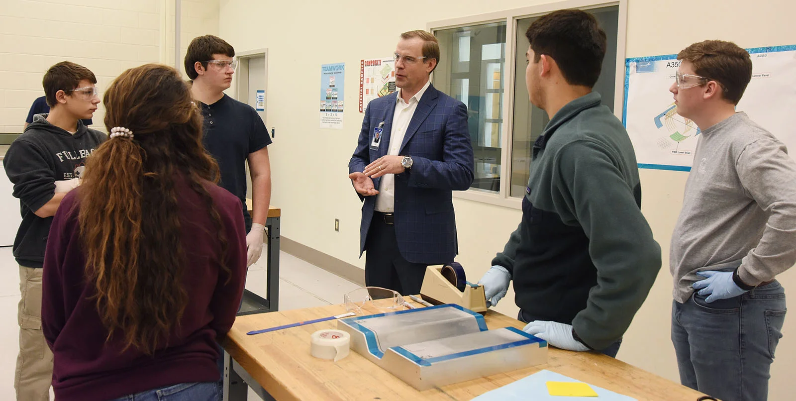 David Miller, North Carolina vice president and general manager of the Spirit AeroSystems manufacturing facility in Kinston, talked to South Lenoir students about his career in engineering and management during one of the weekly training sessions.