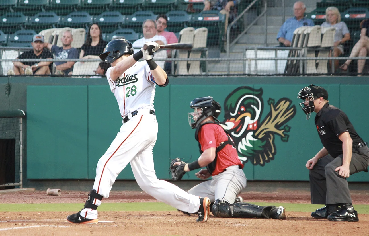 Sam Huff, one of the stars of the Down East Wood Ducks, takes a swing during a game this week at Historic Grainger Stadium. Photo by Linda Whittington / Neuse News