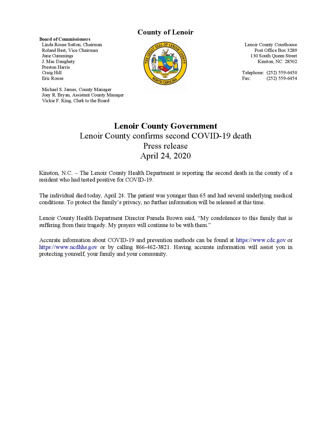 Lenoir County confirms second COVID-19 death