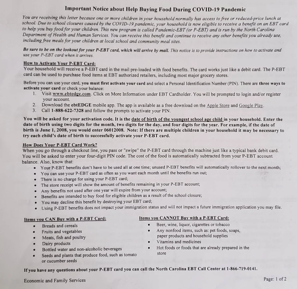 Some P-EBT card contact information addressed incorrectly — Neuse News