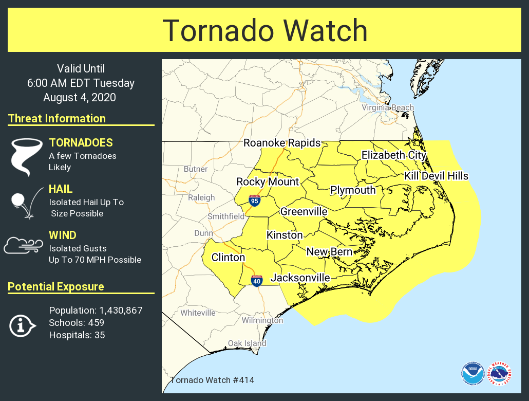 Tornado Watch issued for much of Eastern NC