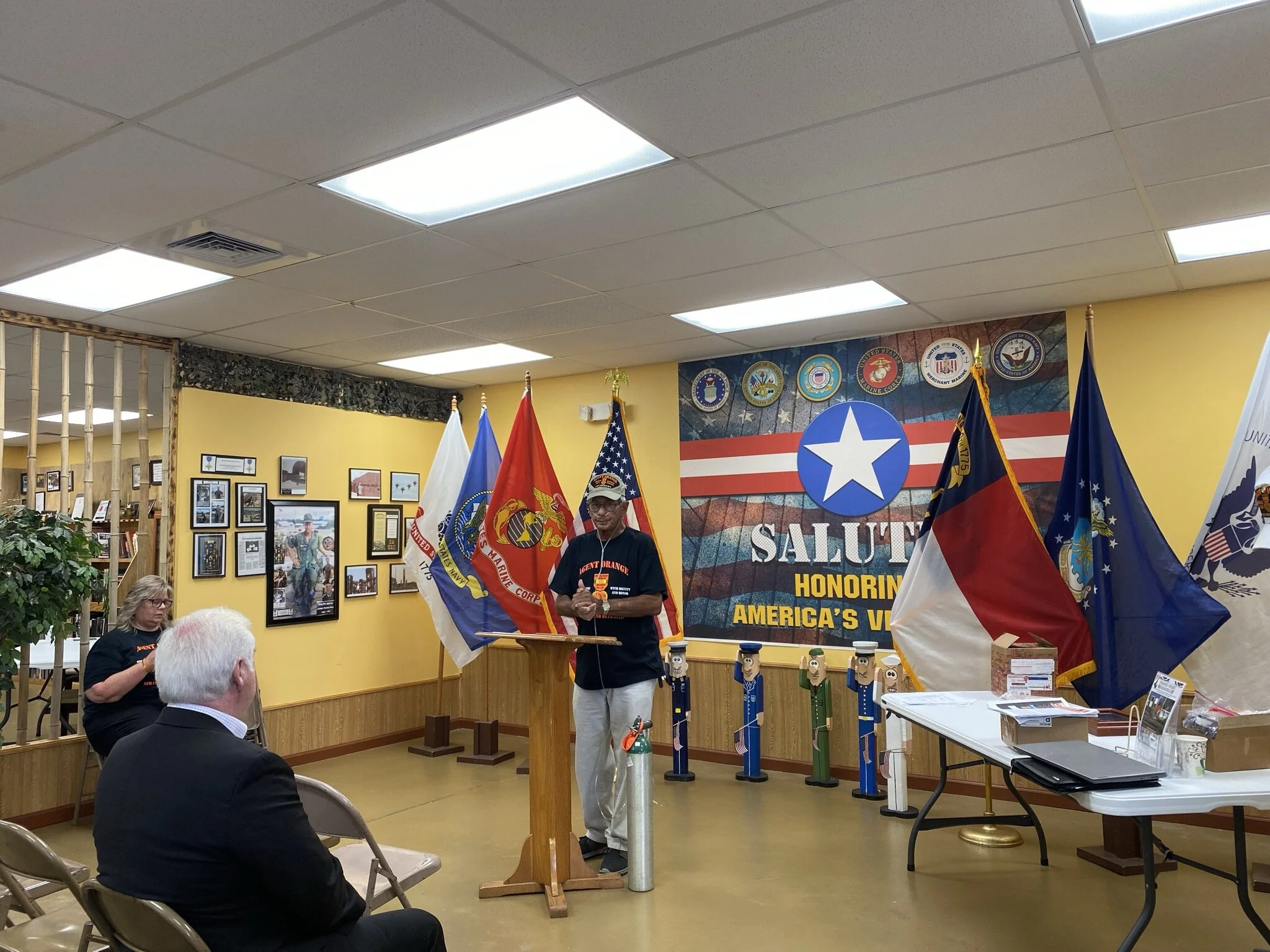 Vietnam veteran Eric Cantu speaks at G.I. Joe’s Museum for The Agent Orange Medal Project presentation. Photo: Kristy Bock/Neuse News