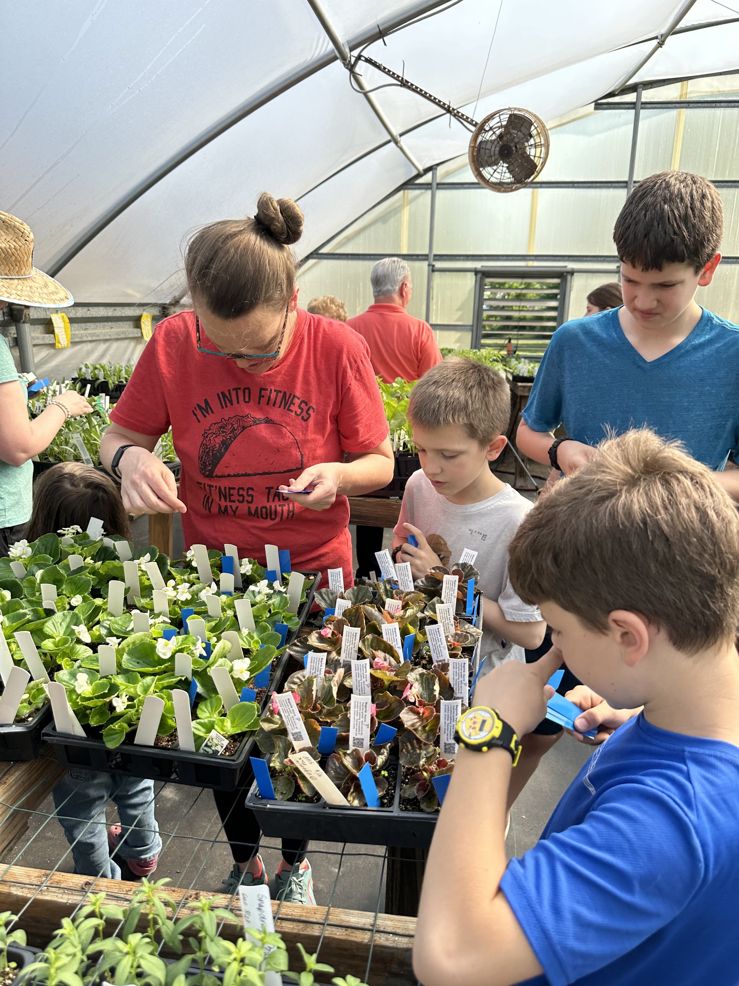 Several JMGs and their parents aided many of our efforts for plant sale preparation. Above the Tuller family, all past JMG graduates, are helping label and price the begonias. 