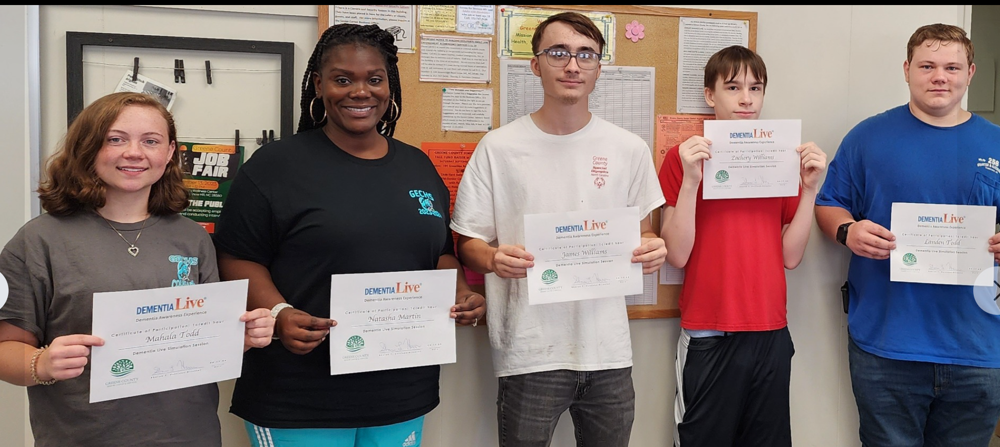  GEC Volunteers received certificates for completing the DementiaLive activity.&nbsp; Pictured left to right are Mahala Todd, GEC English instructor Natasha Martin, James Williams, Zachery Williams and Landon Todd.  