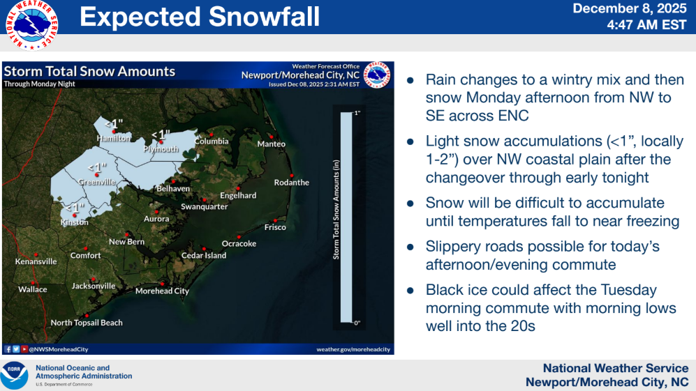 Light snow expected across eastern North Carolina Monday, forecasters warn of possible slick roads