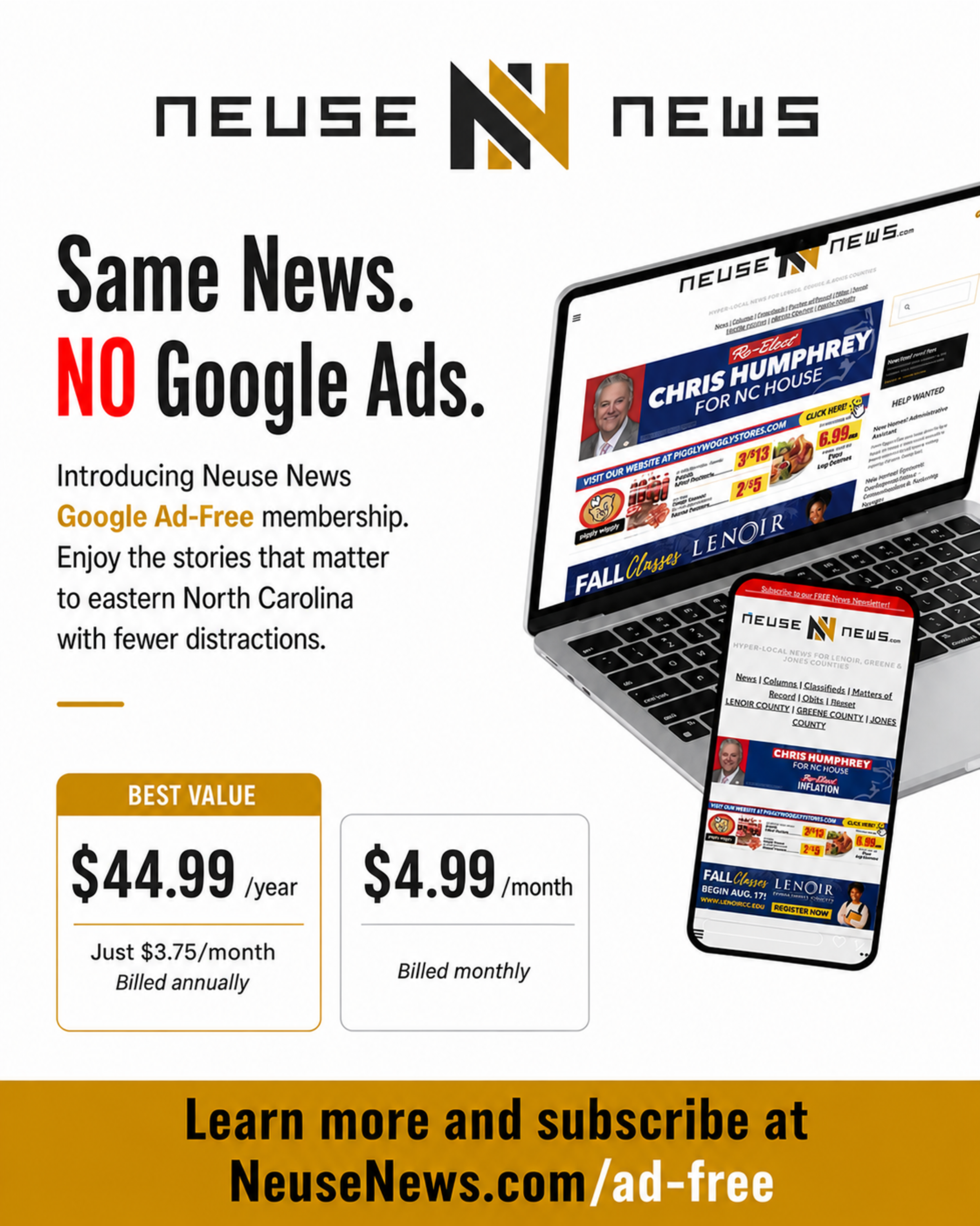 Neuse News Launches Google Ad-Free Membership