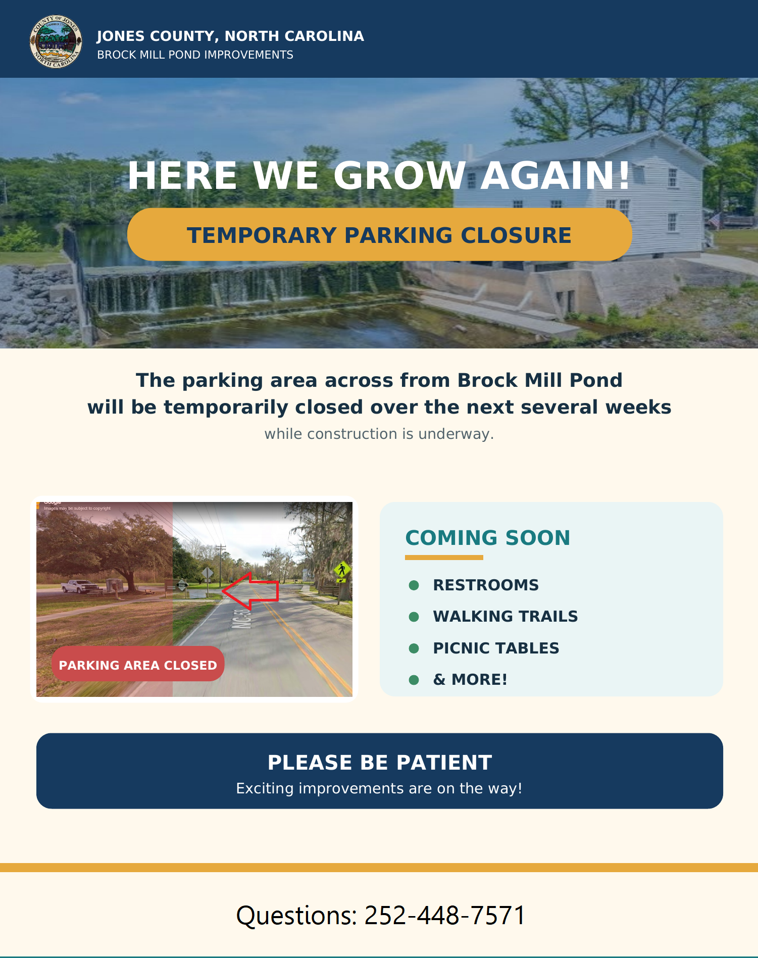 Parking area at Brock Mill Pond to close during improvements