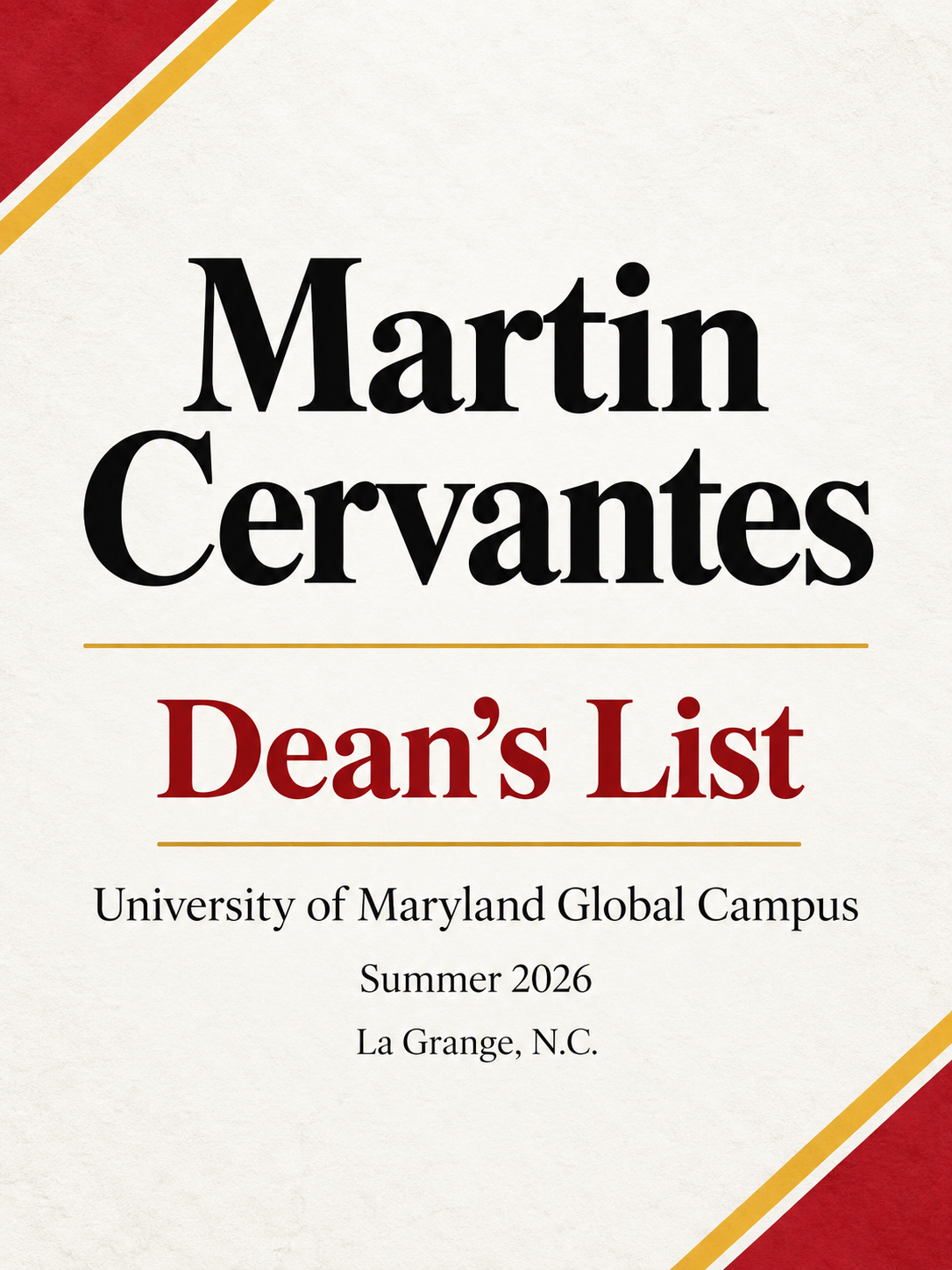 Martin Cervantes of La Grange Named to Dean's List at University of Maryland Global Campus