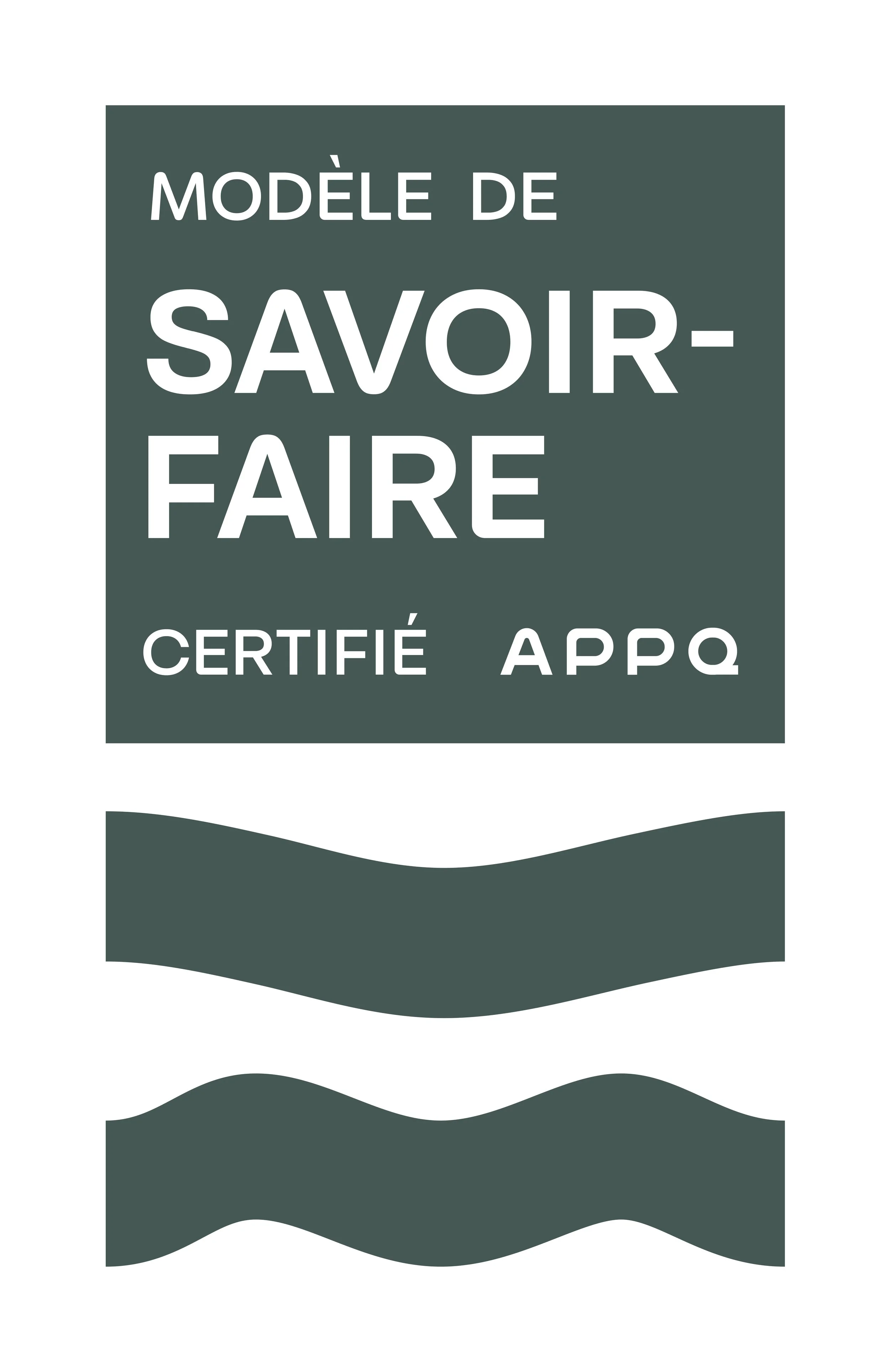 Logo en couleur sombre avec le texte 'Modèle de savoir-faire certifié APPQ' et des formes ondulées en bas.