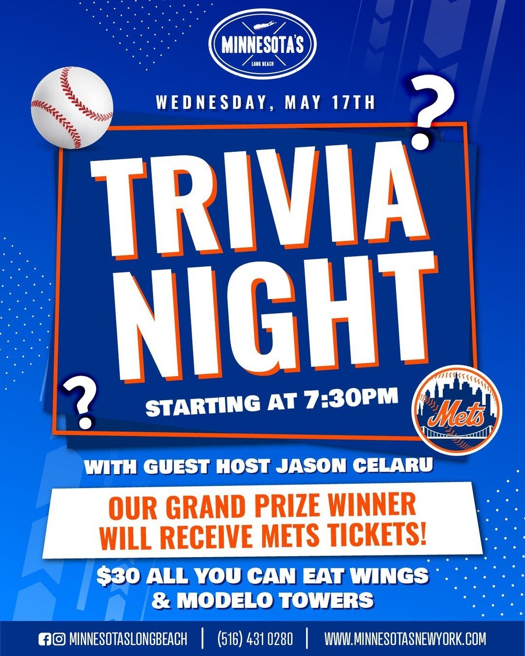 Fuel your brain with $30 all you can eat wings &amp; endless Modelo pints when you join us for trivia tonight! We've got guest host Jason Celaru here tonight &amp; we'll be giving Mets tickets to our grand prize winner!