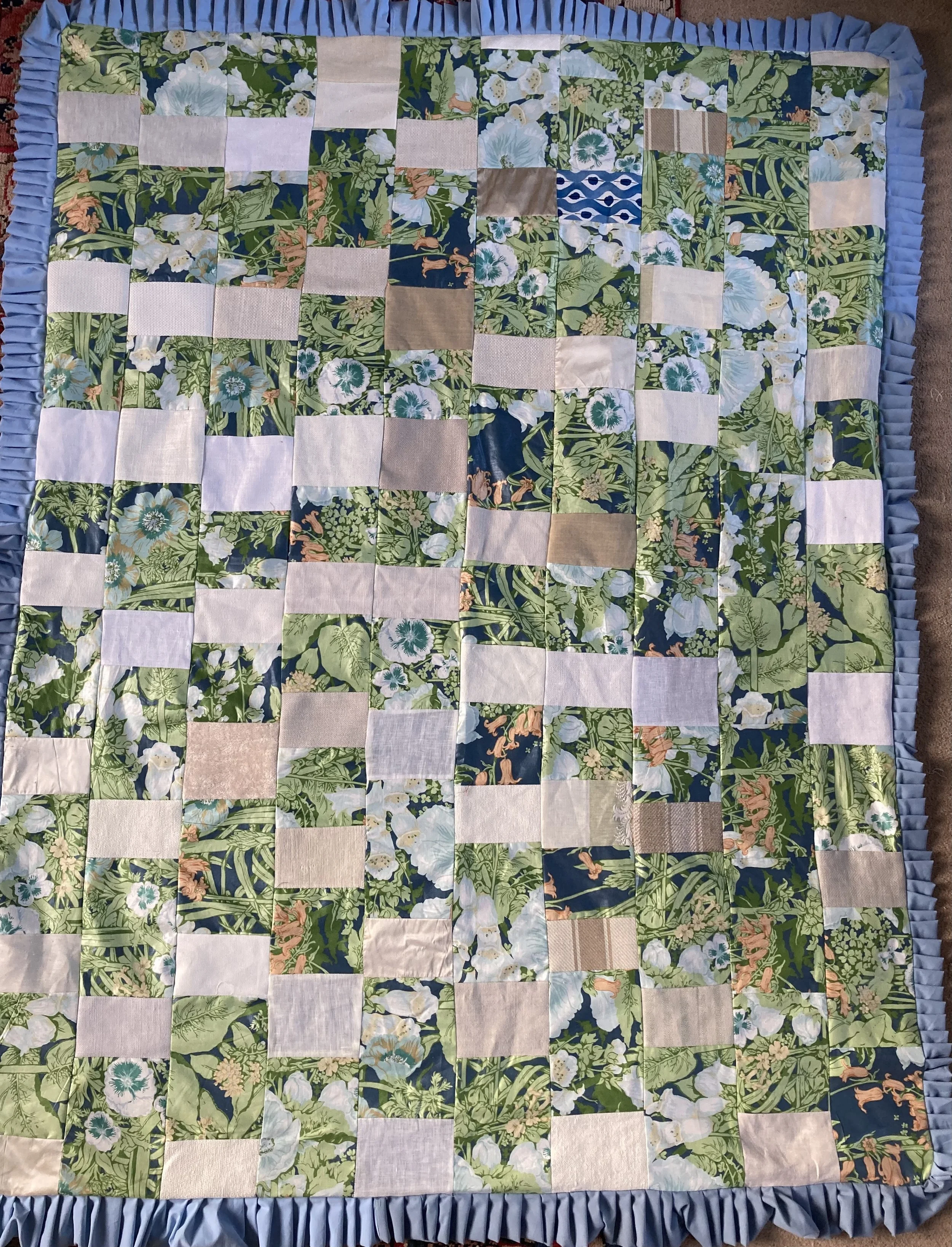 Single: Picnic Blanket, Green Flowers and White, with Blue Frill.jpeg
