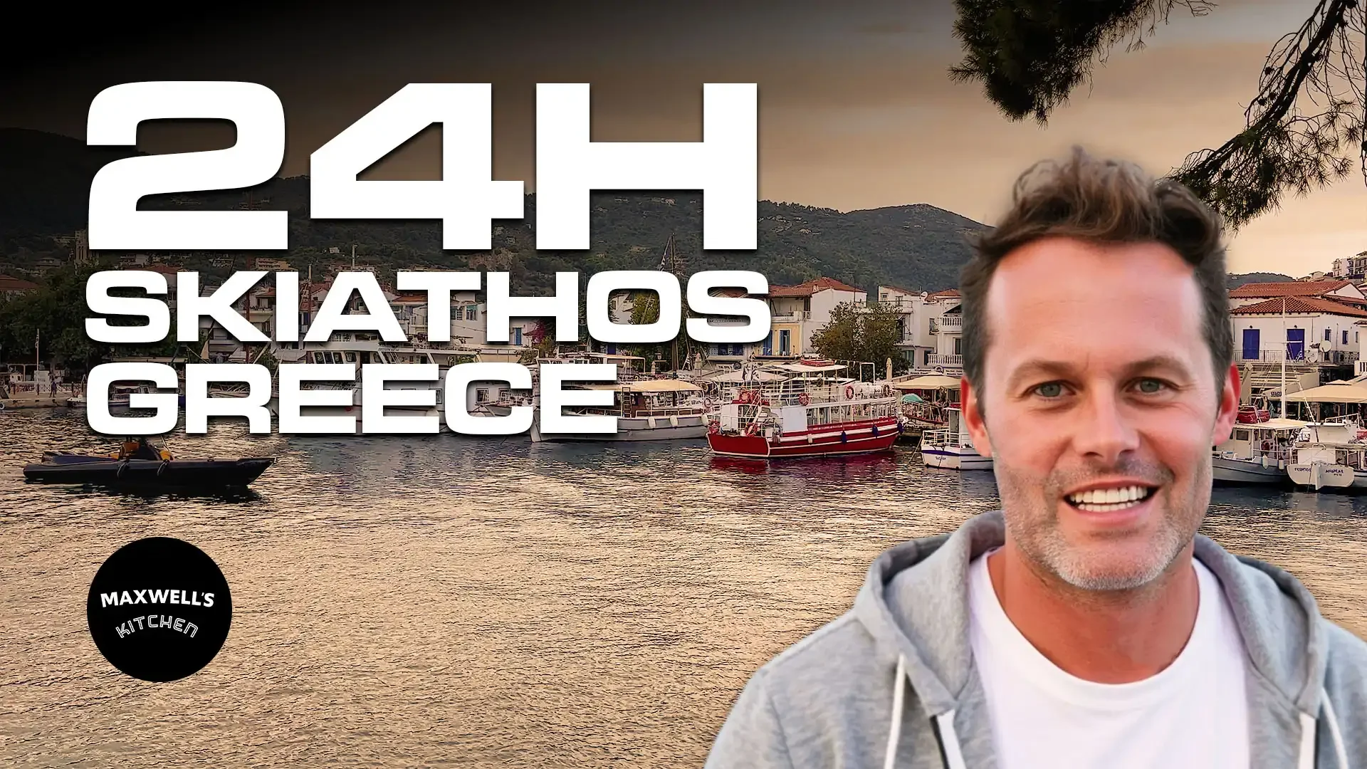 Thumbnail for Maxwell’s Kitchen Podcast episode “24 Hours in Skiathos, Greece,” showing Cody Maxwell in front of Skiathos harbor at sunset with large text reading “24H Skiathos Greece.”