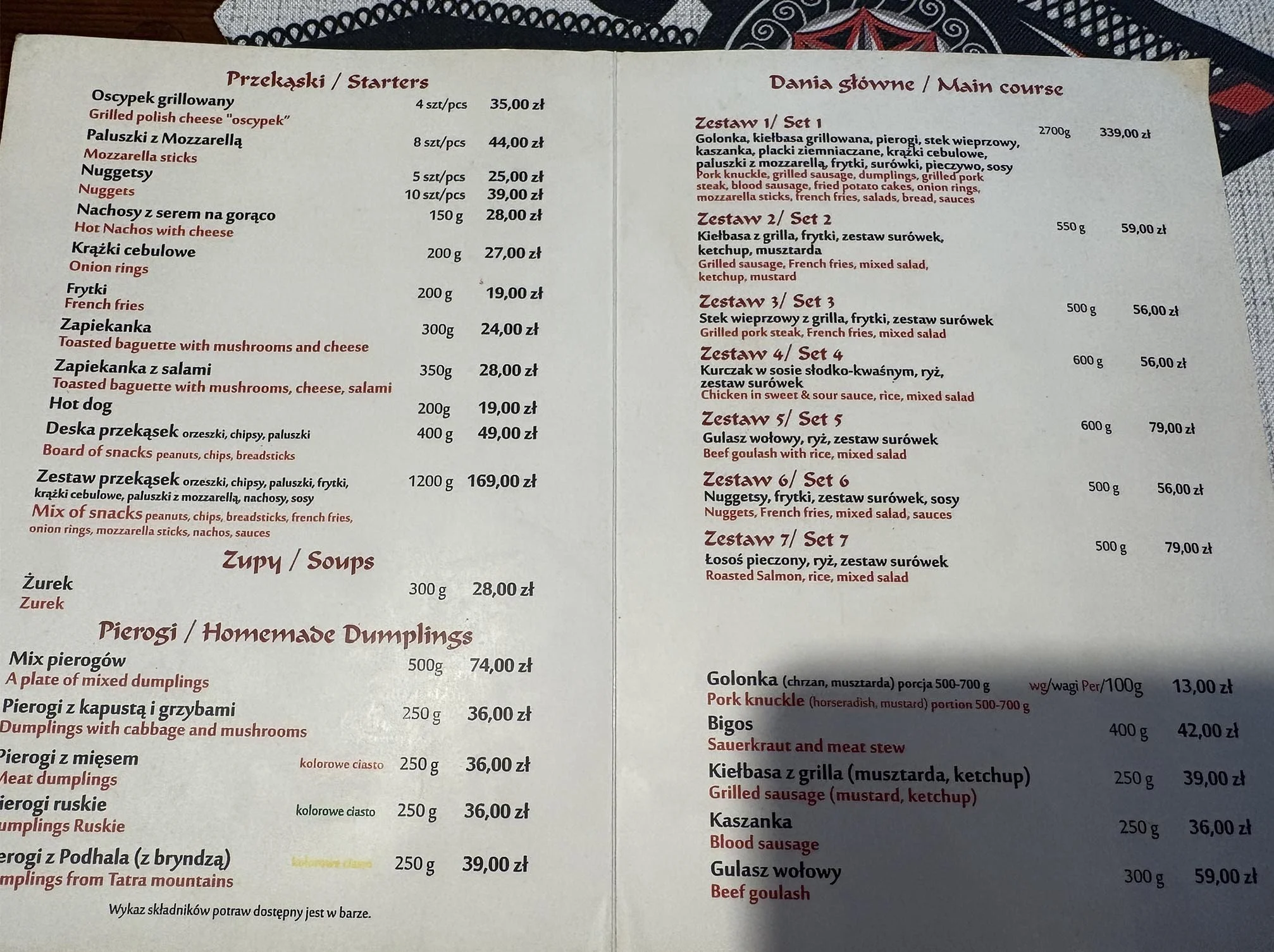 Krakowska Koliba menu in Kraków showing pierogi and grilled sausage prices