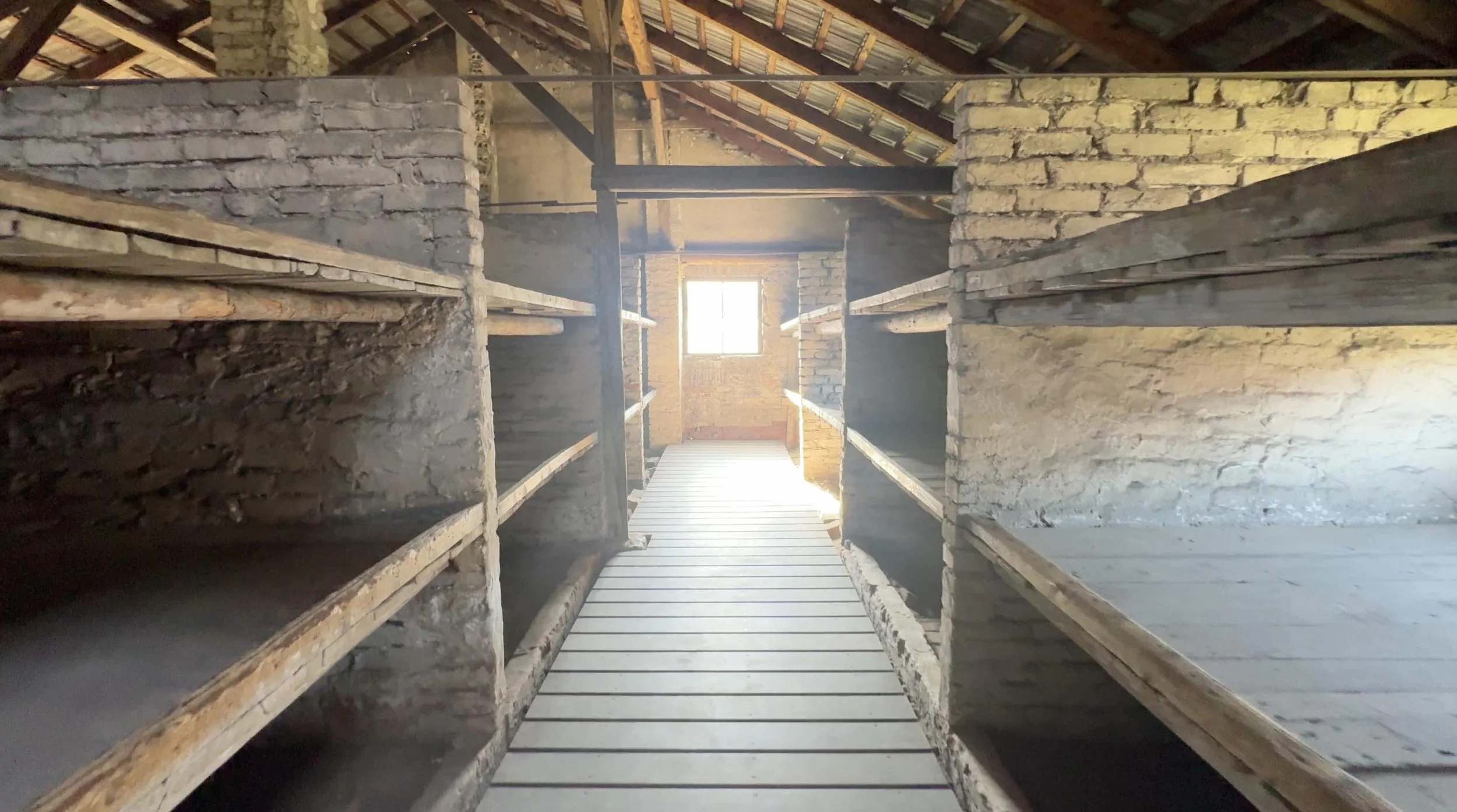 Interior of a preserved barracks building at Auschwitz-Birkenau in Poland