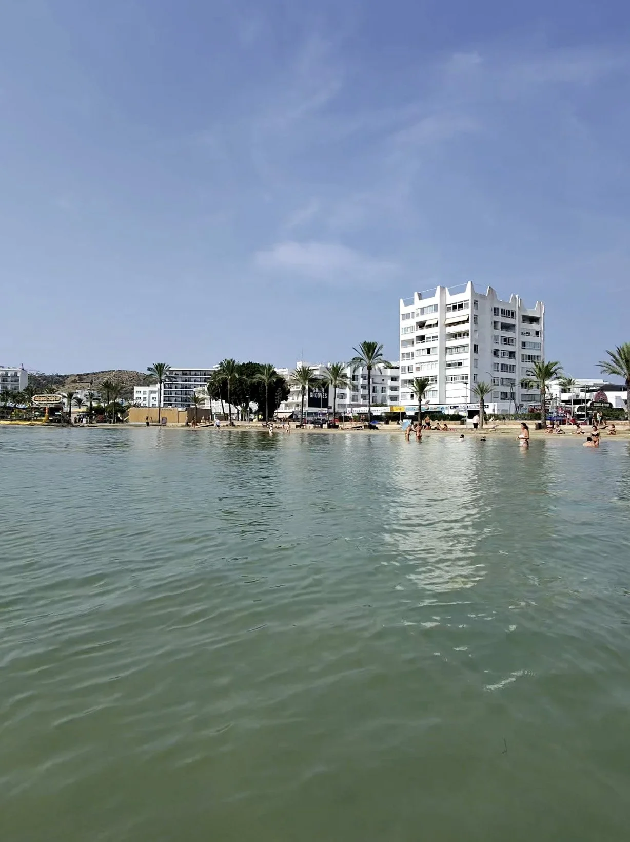 Swimmers near the beach in San Antonio, Ibiza, with palm trees and white waterfront buildings seen from the water.