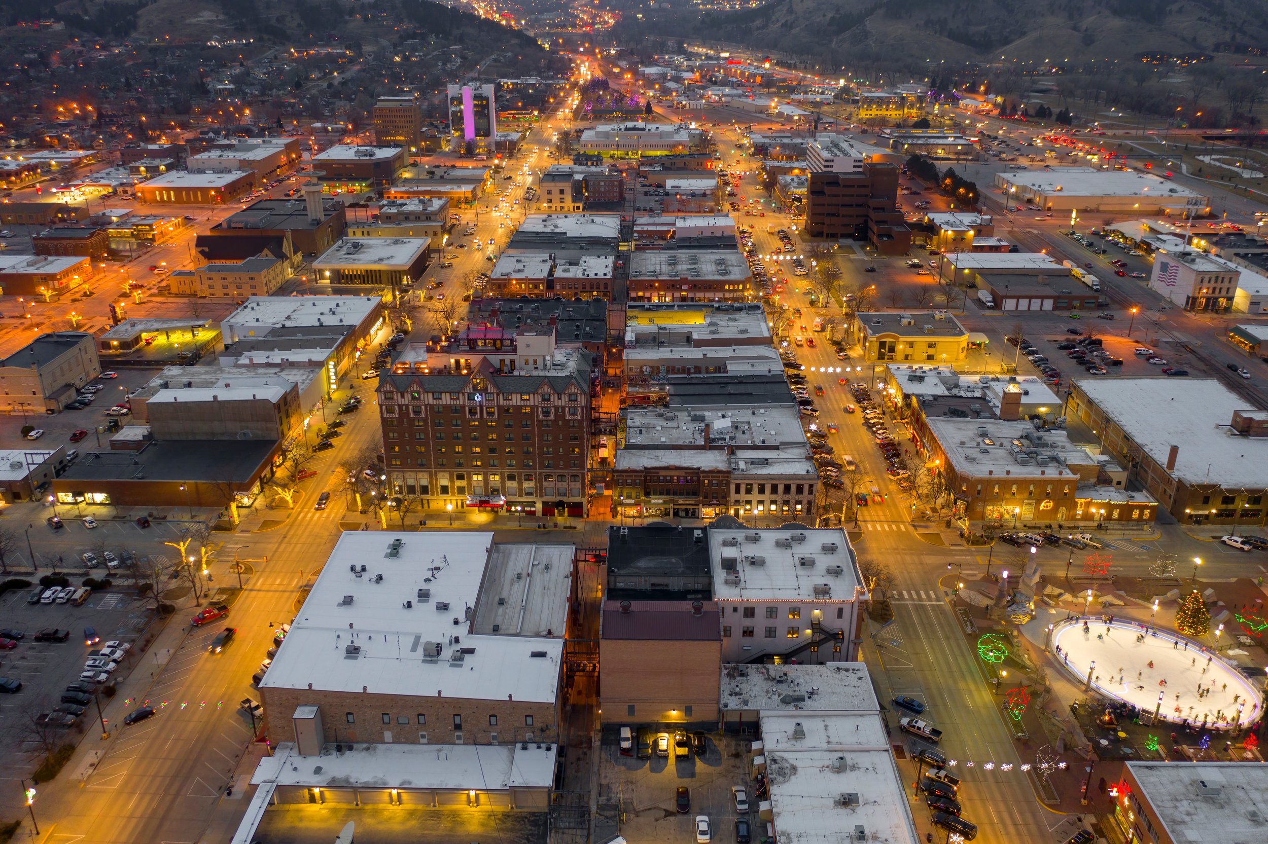 Aerial View of Christmas Lights in Rapid City, South Dakota at Dusk