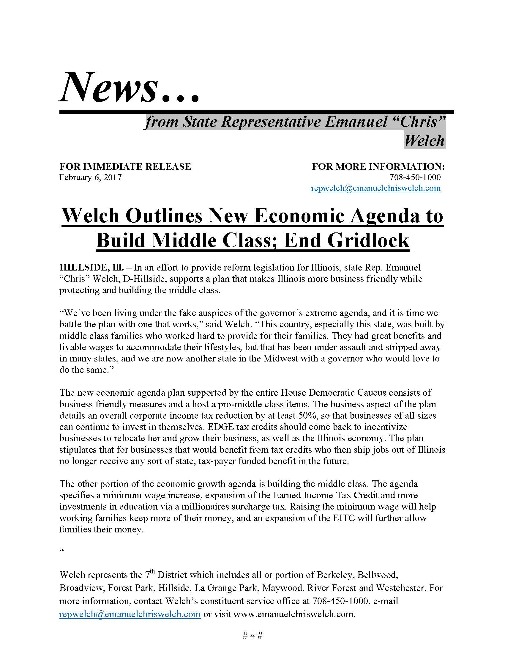 Welch Outlines New Economic Agenda to Build Middle Class; End Gridlock (February 6, 2017)