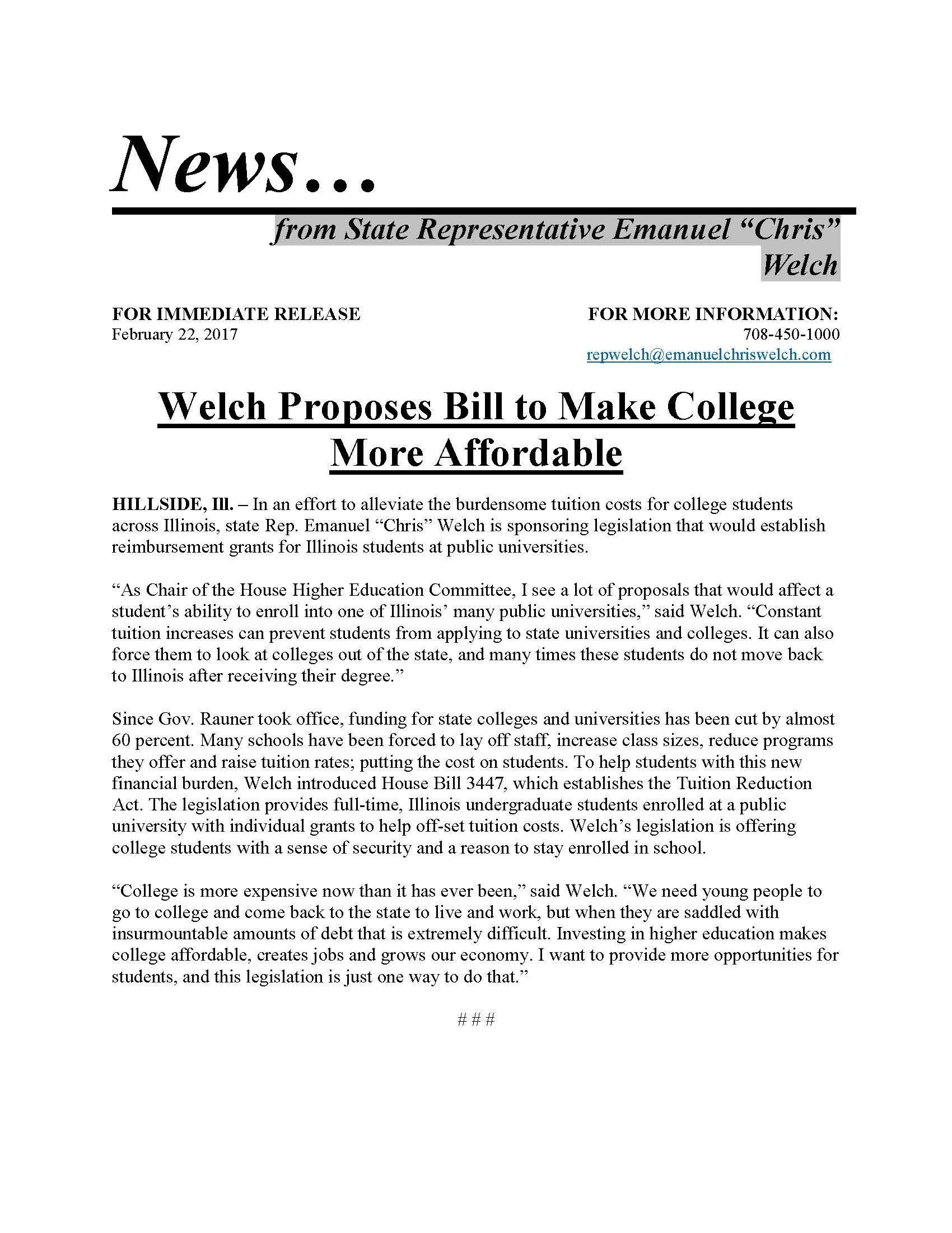 Welch Proposes Bill to Make College More Affordable (February 22, 2017)