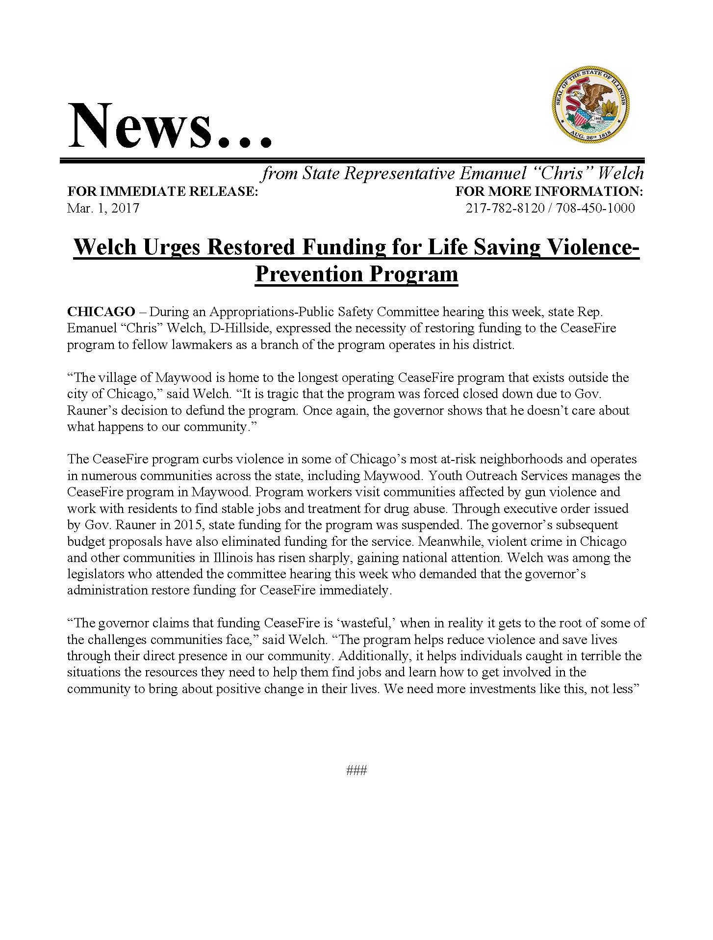 Welch Urges Restored Funding for Life Saving Prevention Program (March 1, 2017)