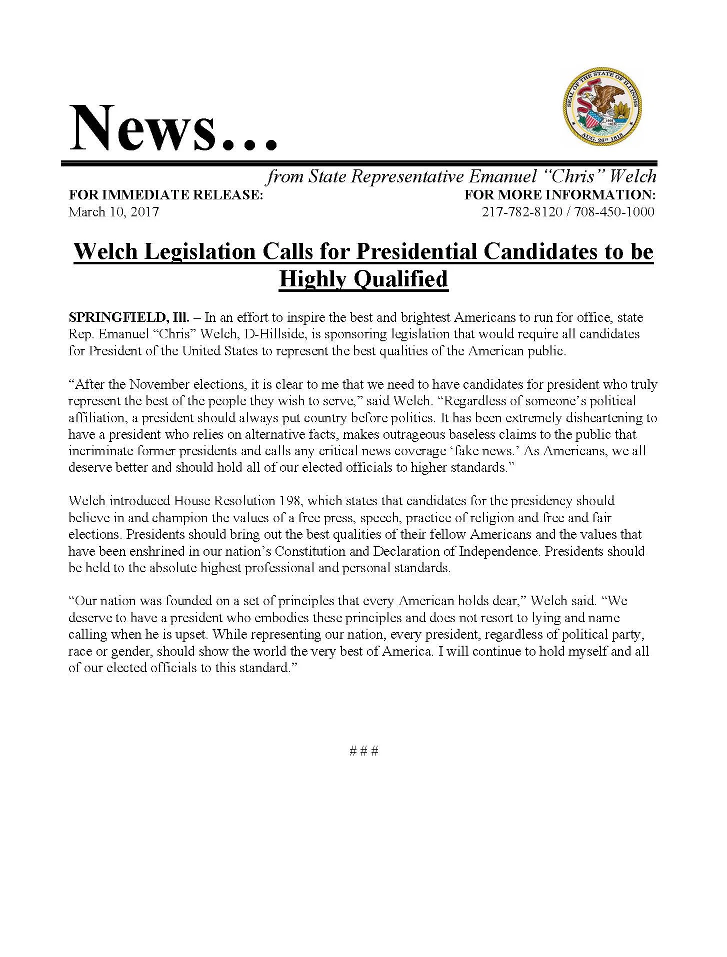Welch Legislation Calls for Presidential Candidates to be Highly Qualified (March 10, 2017)