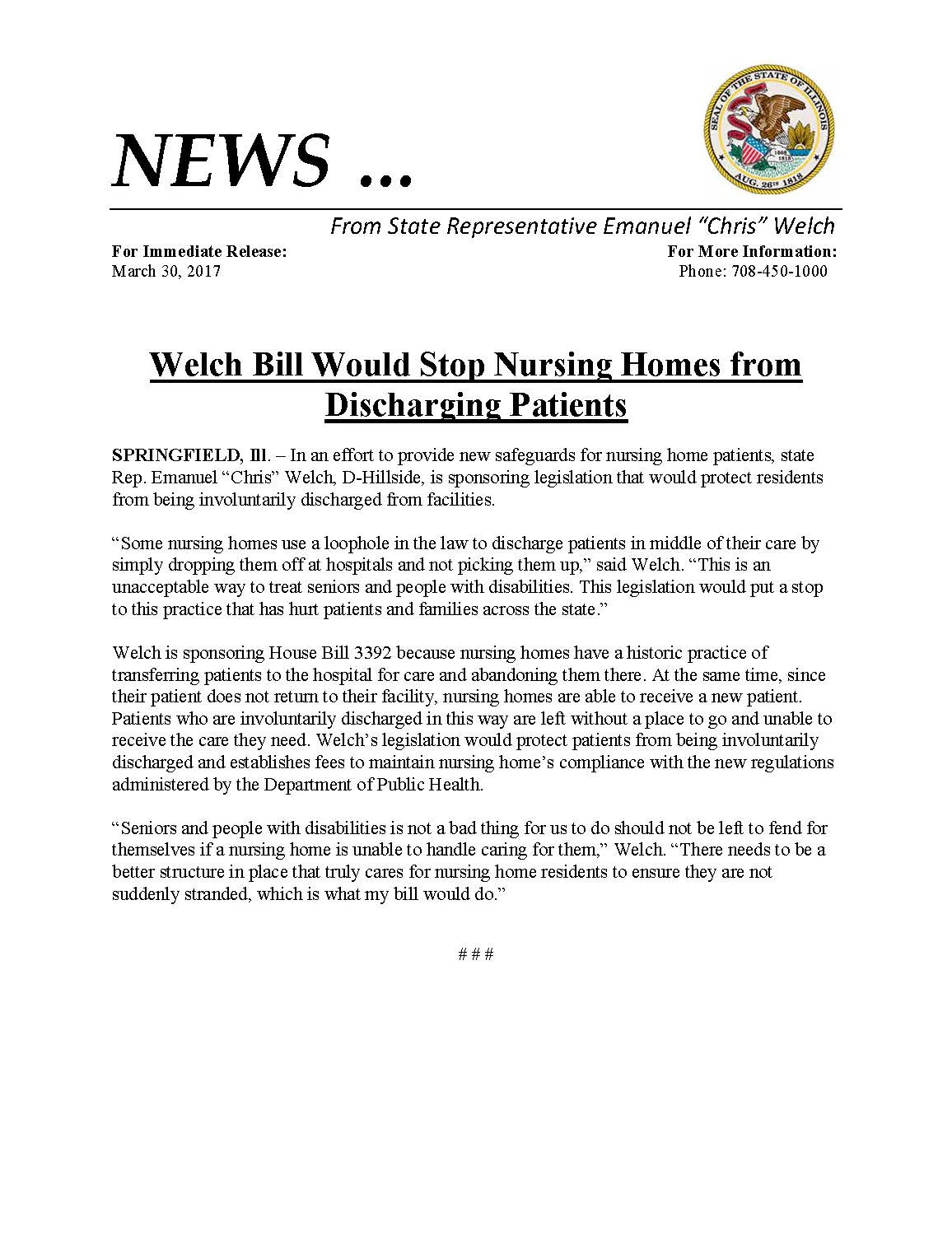 Welch Bill Would Stop Nursing Homes from Discharging Patients (March 30, 2017)