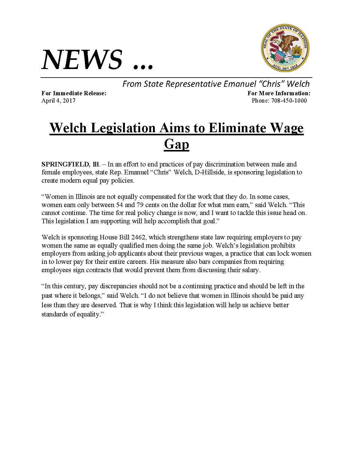 Welch Legislation Aims to Eliminate Wage Gap (April 4, 2017)