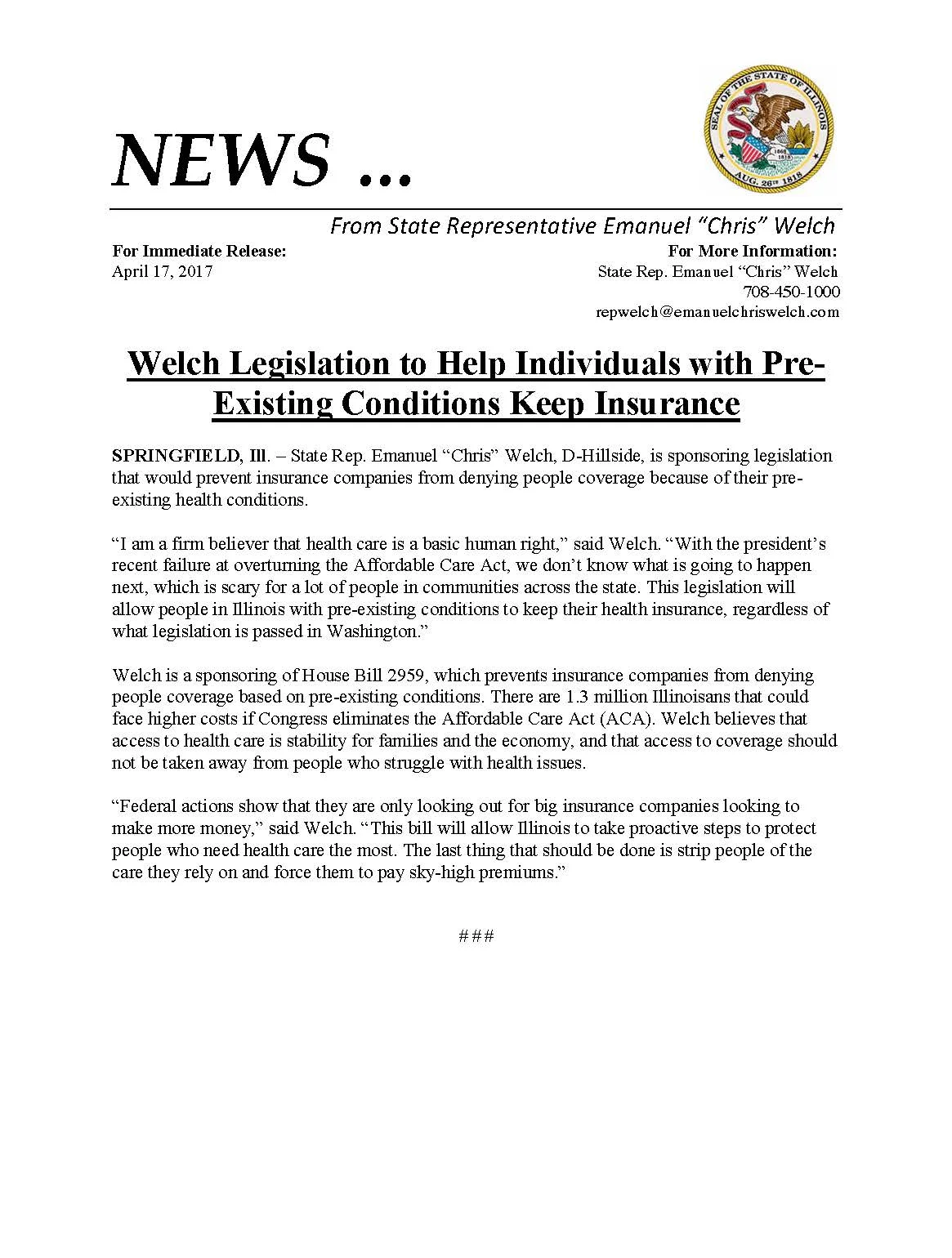 Welch Legislation to Help Individuals with Pre-Existing Conditions Keep Insurance (April 17, 2017)