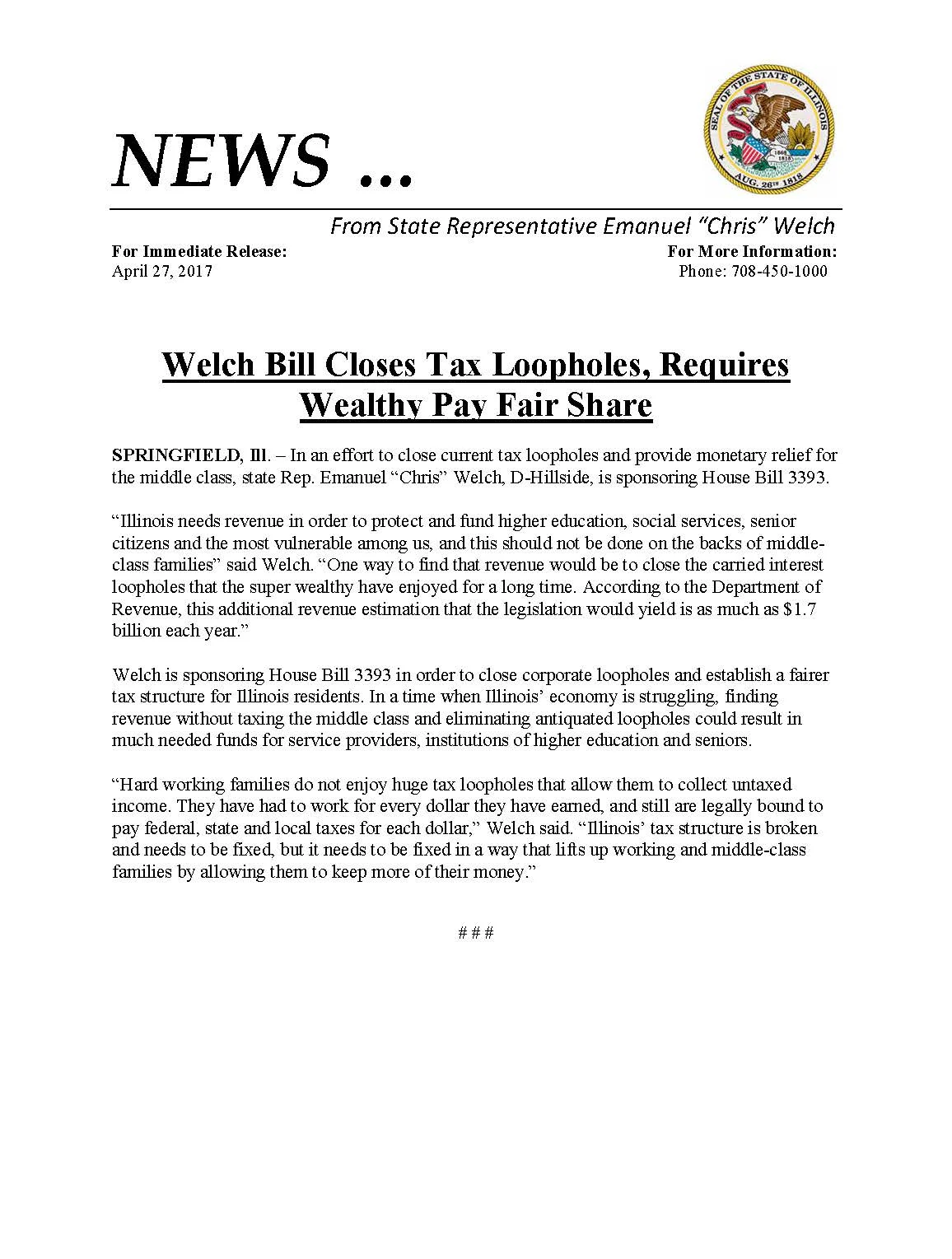 Welch Bill Closes Tax Loopholes (April 27, 2017)