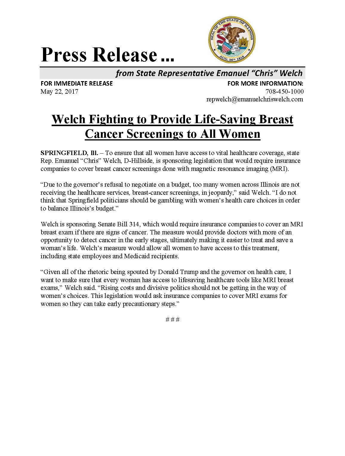 Welch Fighting to Provide Life-Saving Breast Cancer Screenings to All Women (May 22, 2017)